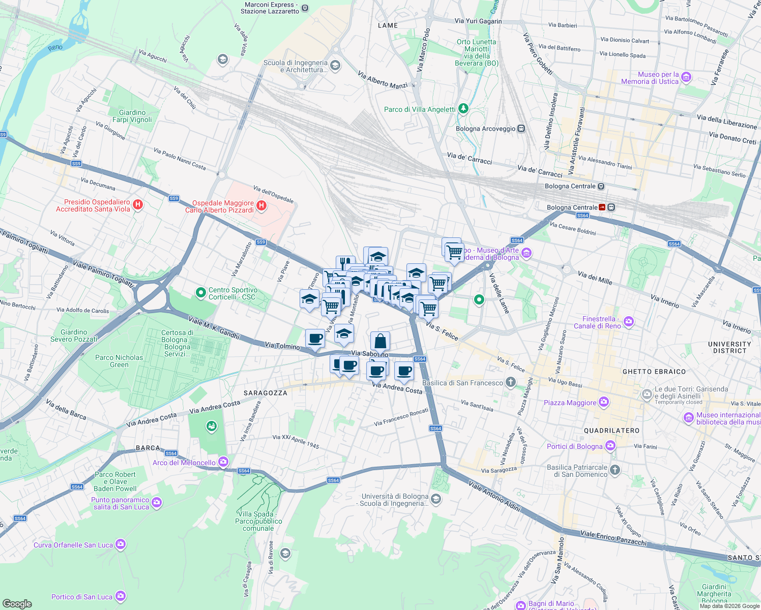 map of restaurants, bars, coffee shops, grocery stores, and more near 65 Via Aurelio Saffi in Bologna
