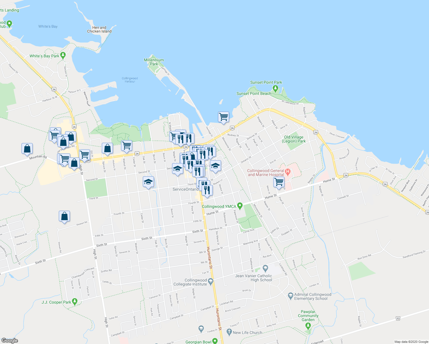 map of restaurants, bars, coffee shops, grocery stores, and more near 57 Elgin Street in Collingwood