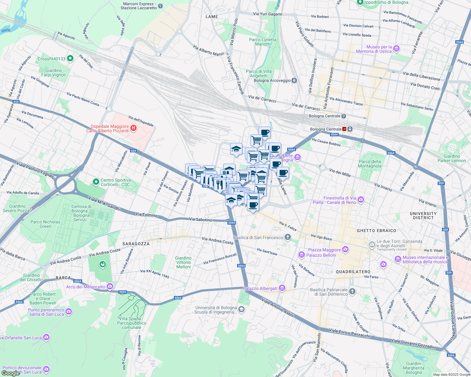 map of restaurants, bars, coffee shops, grocery stores, and more near 4 Viale Antonio Silvani in Bologna