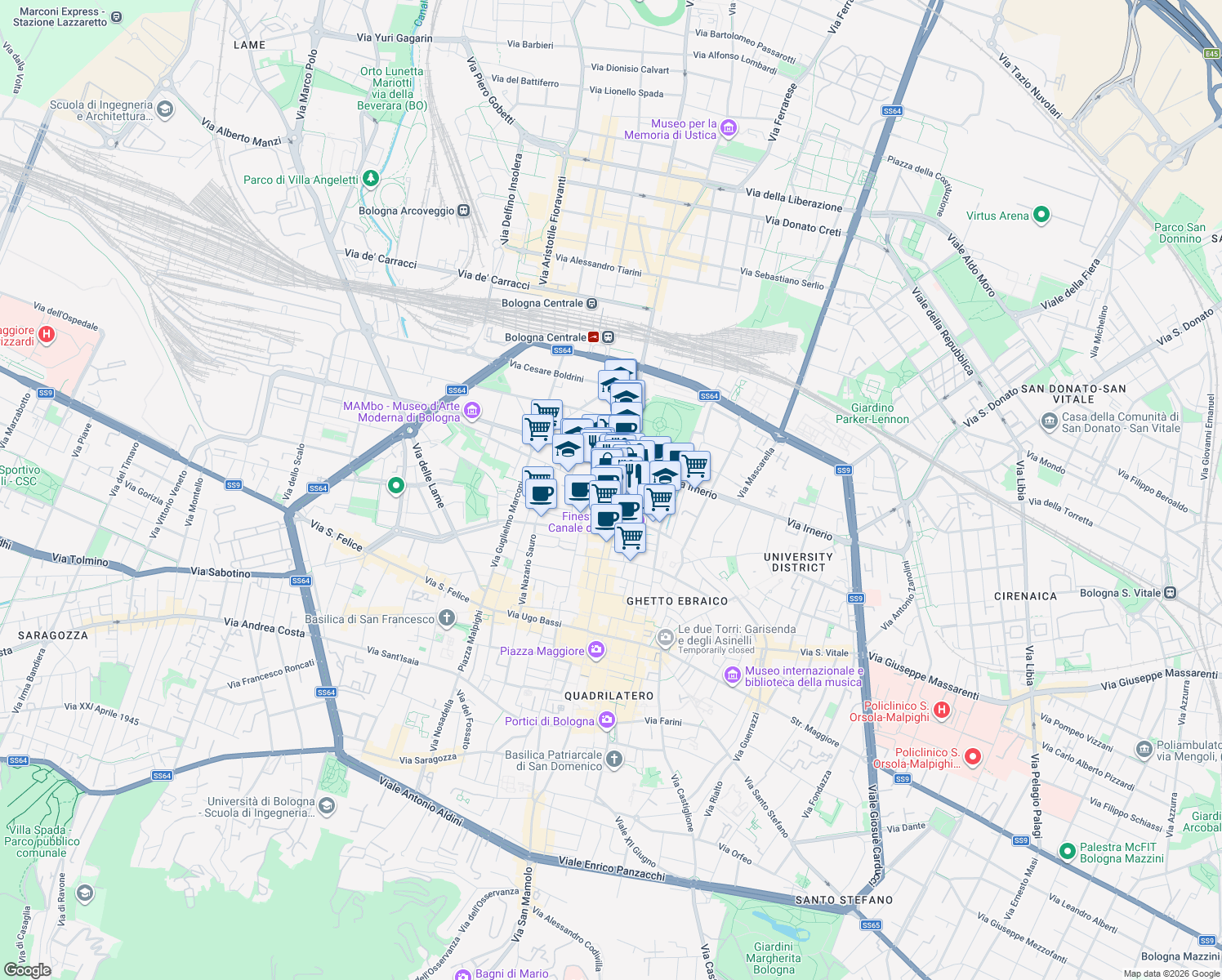 map of restaurants, bars, coffee shops, grocery stores, and more near 56 Via dell'Indipendenza in Bologna