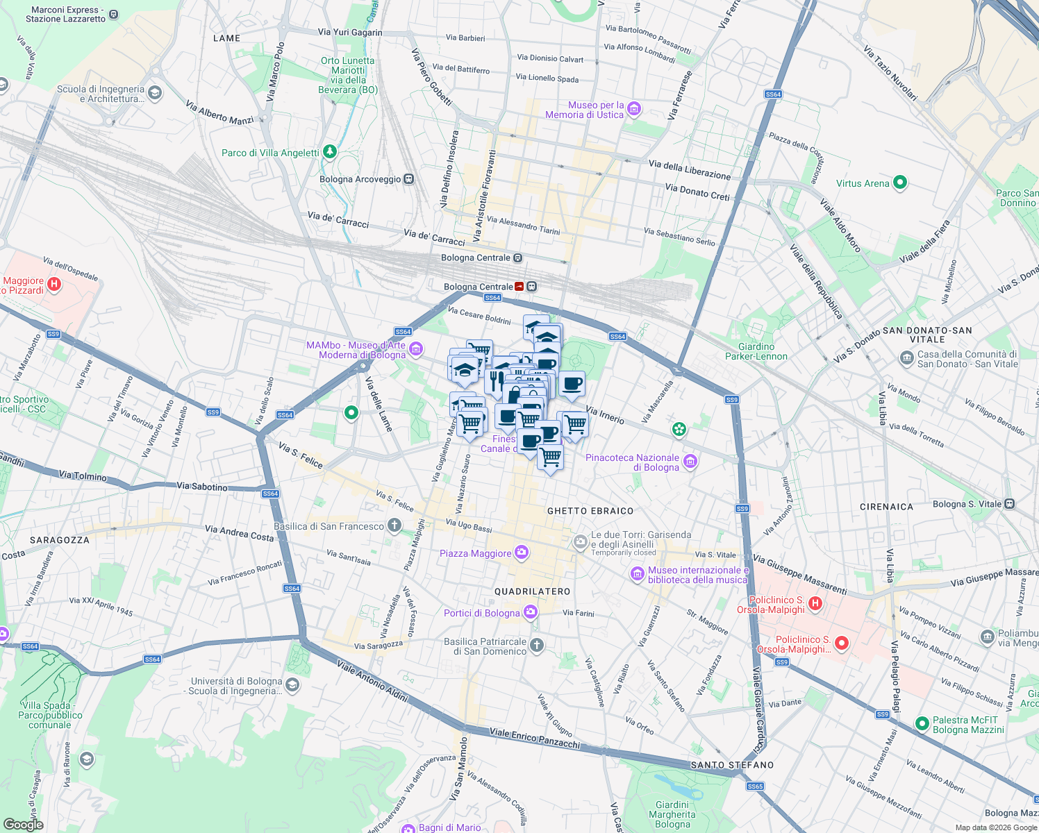 map of restaurants, bars, coffee shops, grocery stores, and more near 63-65 Via Galliera in Bologna