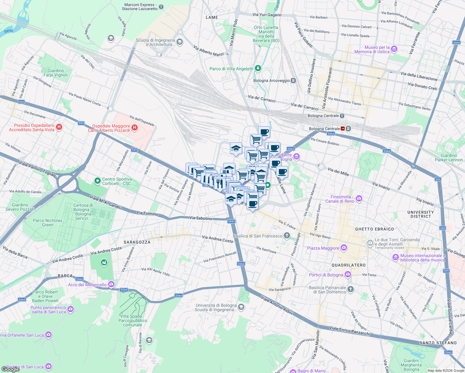 map of restaurants, bars, coffee shops, grocery stores, and more near 4 Viale Antonio Silvani in Bologna