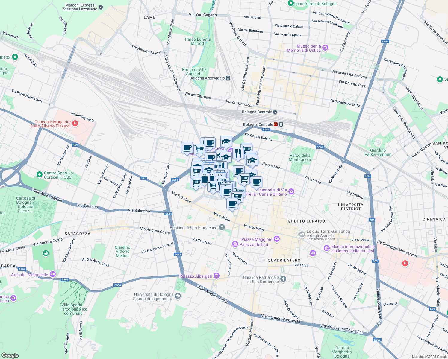 map of restaurants, bars, coffee shops, grocery stores, and more near 8 Via del Rondone in Bologna