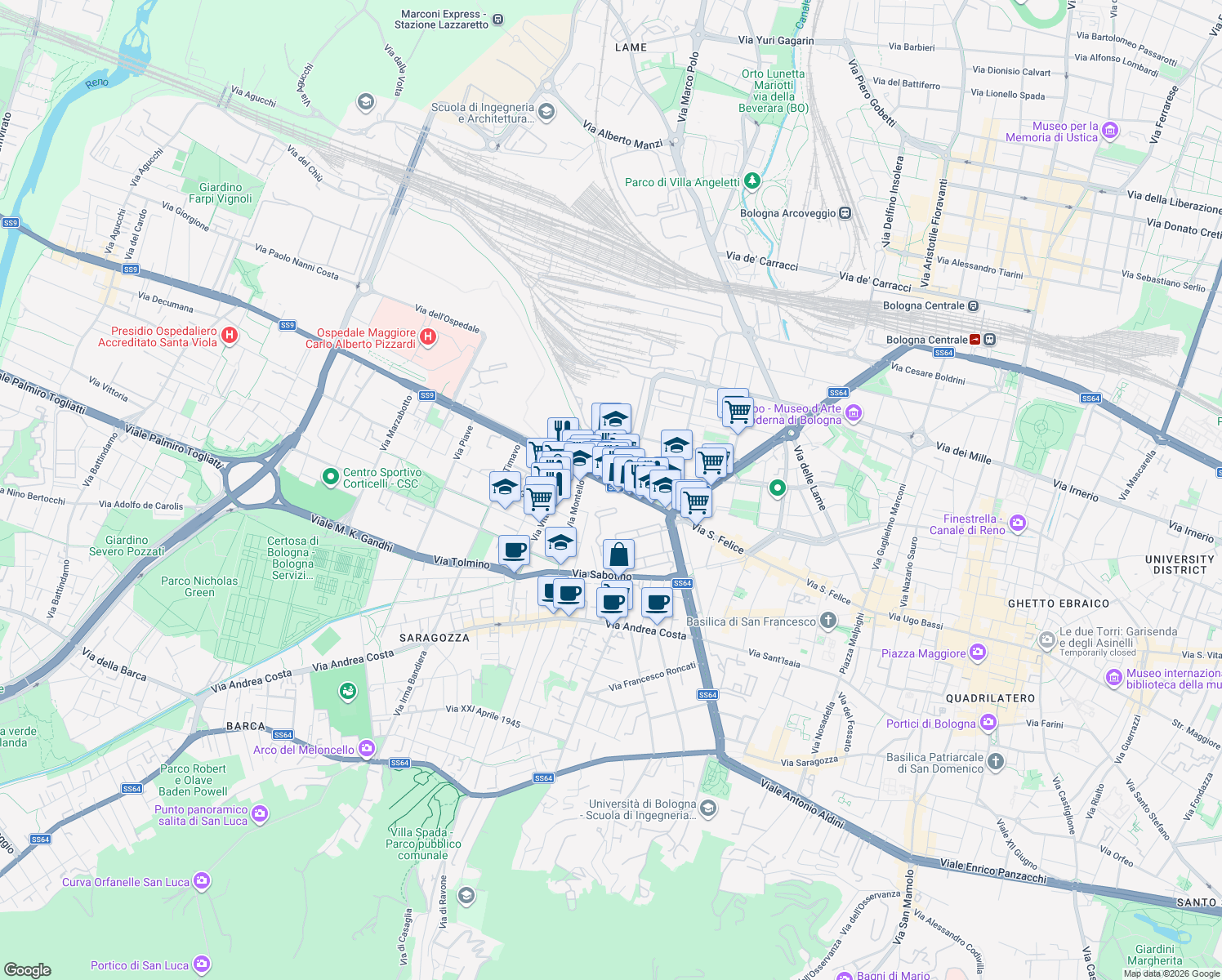 map of restaurants, bars, coffee shops, grocery stores, and more near 55-65 Via Saffi Aurelio in Bologna