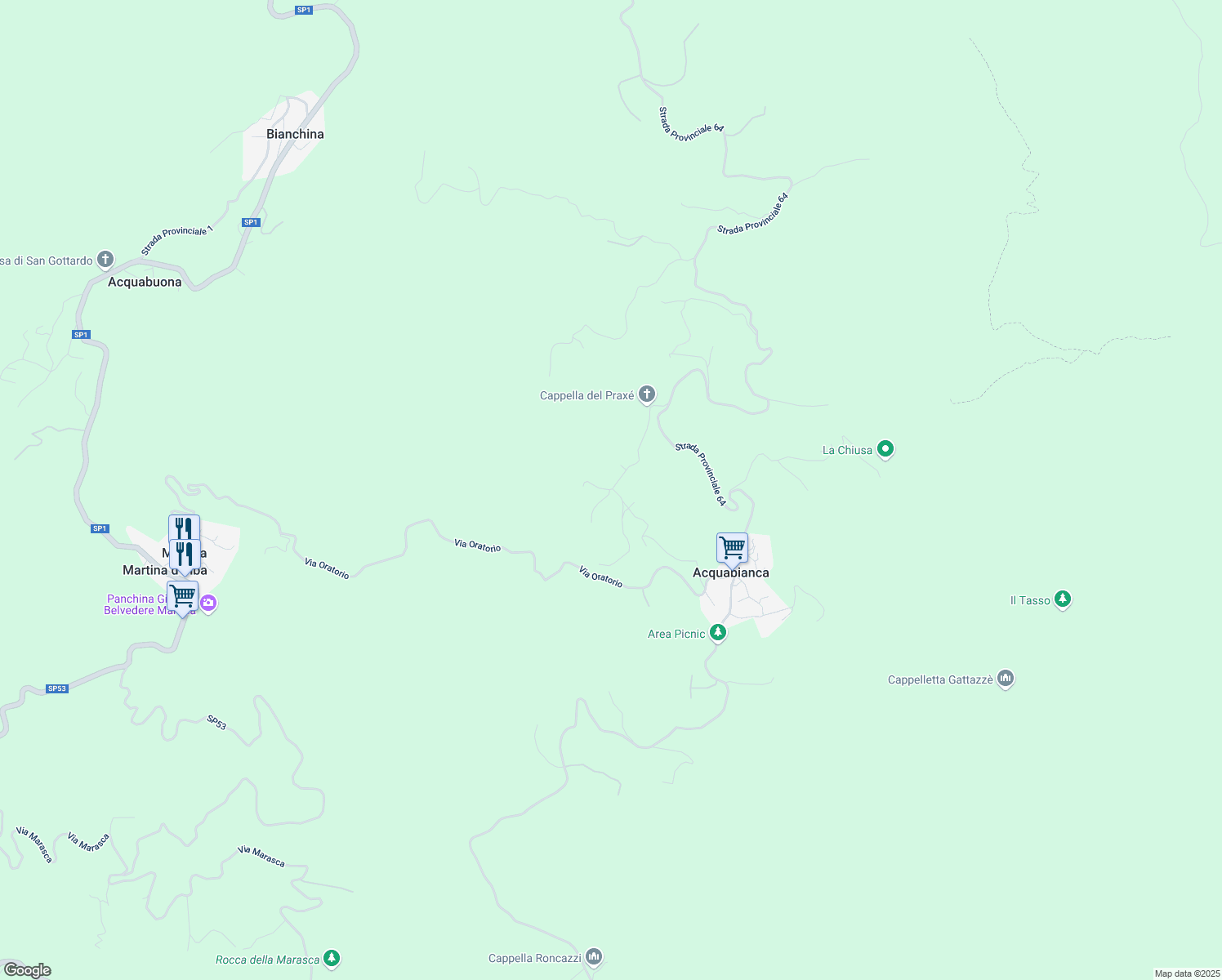 map of restaurants, bars, coffee shops, grocery stores, and more near 20 Via Piani di Acquabianca in Acquabianca