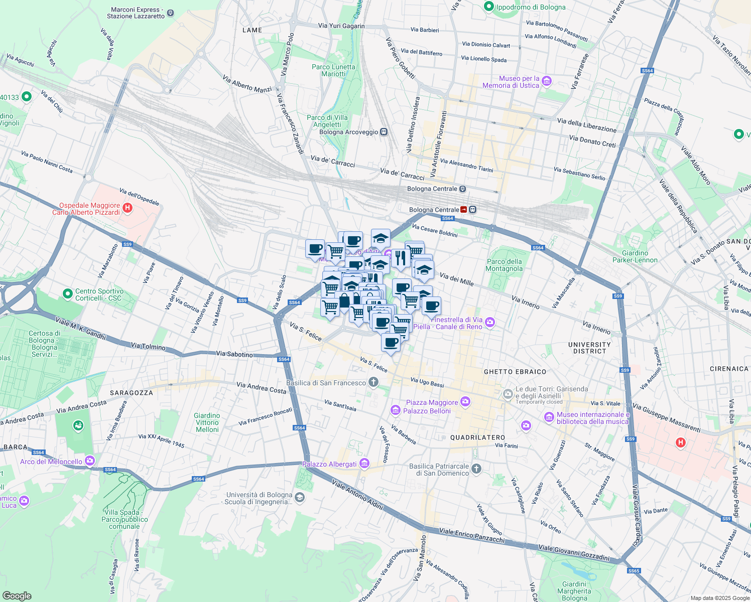 map of restaurants, bars, coffee shops, grocery stores, and more near 2-8 Via del Rondone in Bologna