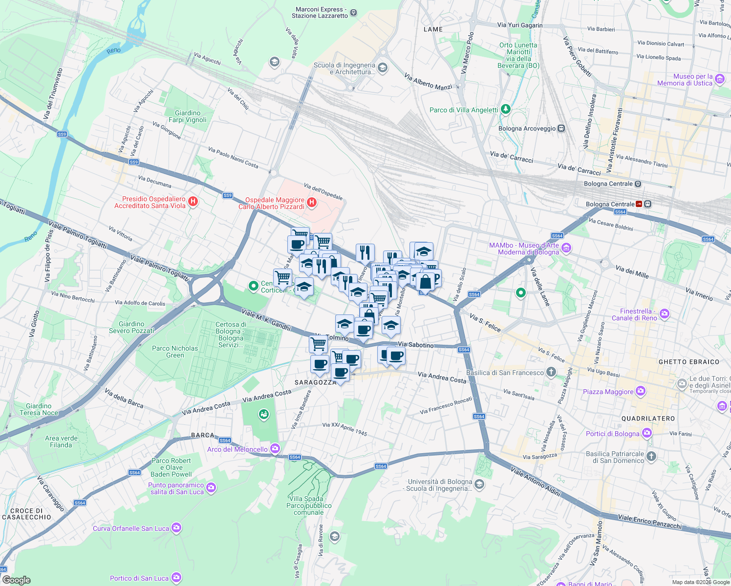 map of restaurants, bars, coffee shops, grocery stores, and more near 17 Via Gorizia in Bologna