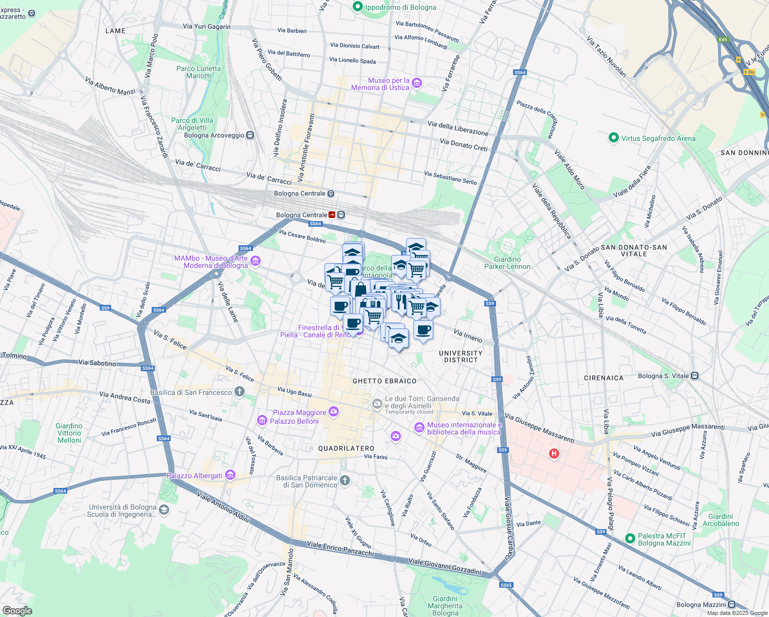 map of restaurants, bars, coffee shops, grocery stores, and more near 4 Via del Pallone in Bologna