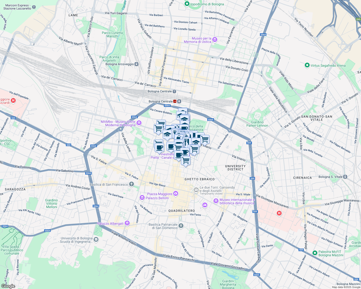 map of restaurants, bars, coffee shops, grocery stores, and more near 56 Via dell'Indipendenza in Bologna