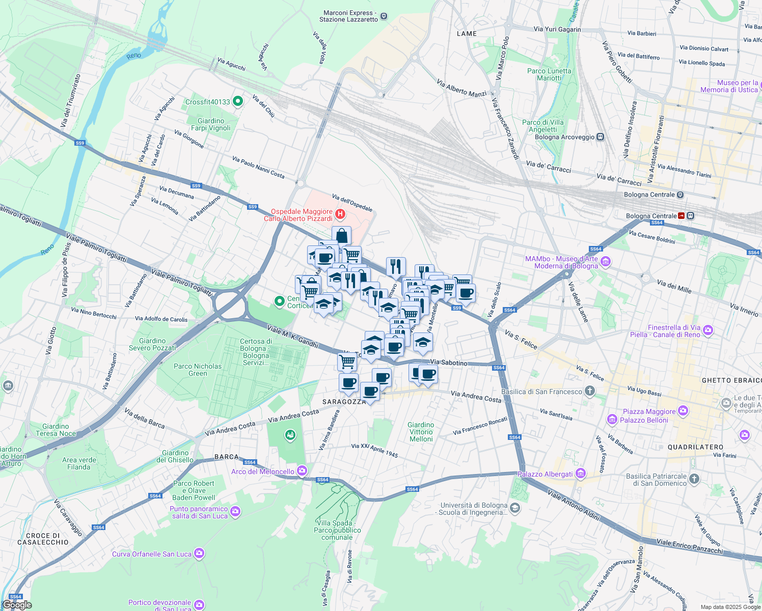 map of restaurants, bars, coffee shops, grocery stores, and more near 24 Via Gorizia in Bologna