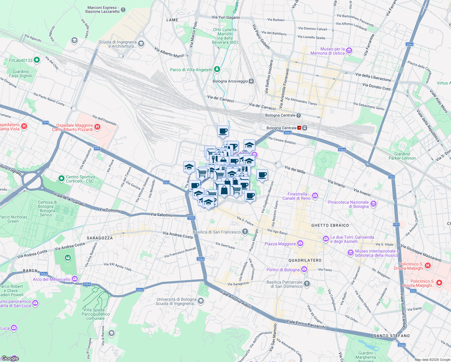 map of restaurants, bars, coffee shops, grocery stores, and more near 9 Via Luigi Calori in Bologna