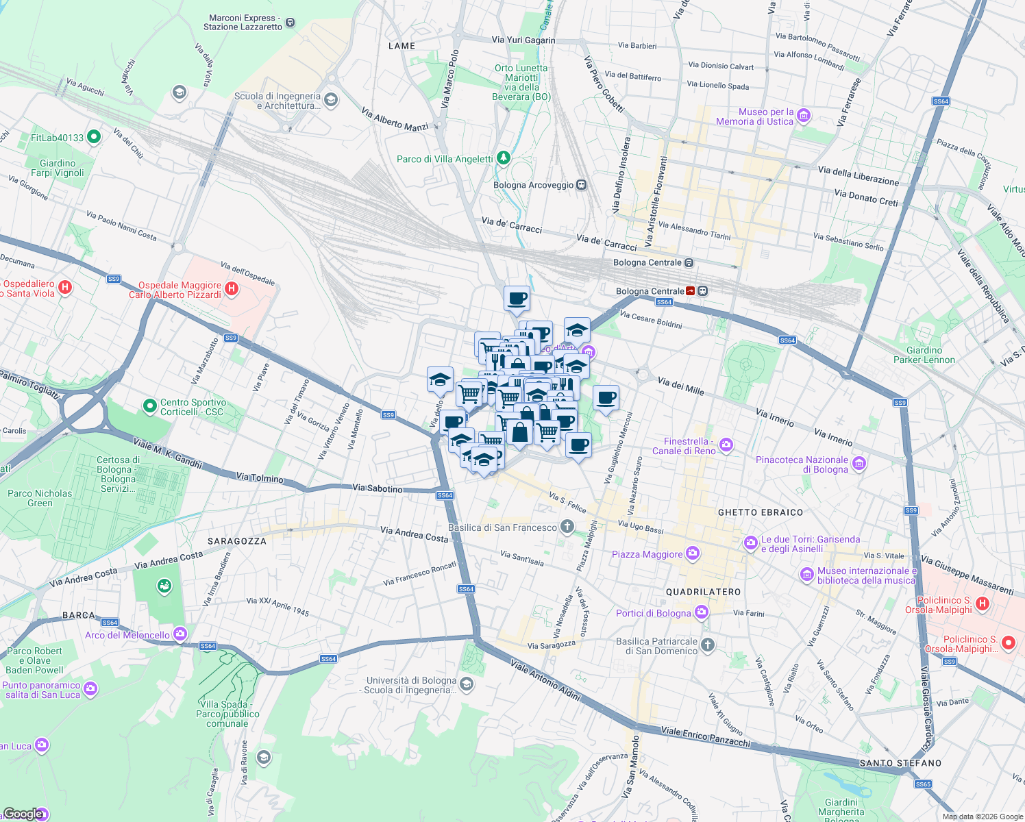 map of restaurants, bars, coffee shops, grocery stores, and more near 9 Via Luigi Calori in Bologna
