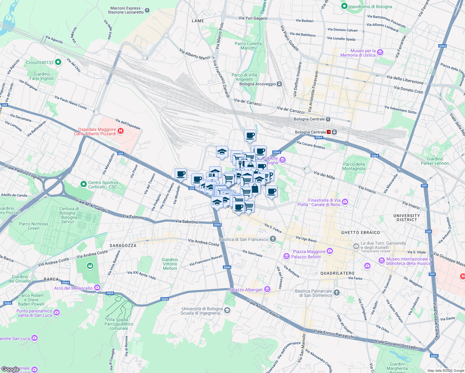 map of restaurants, bars, coffee shops, grocery stores, and more near 2 Viale Antonio Silvani in Bologna