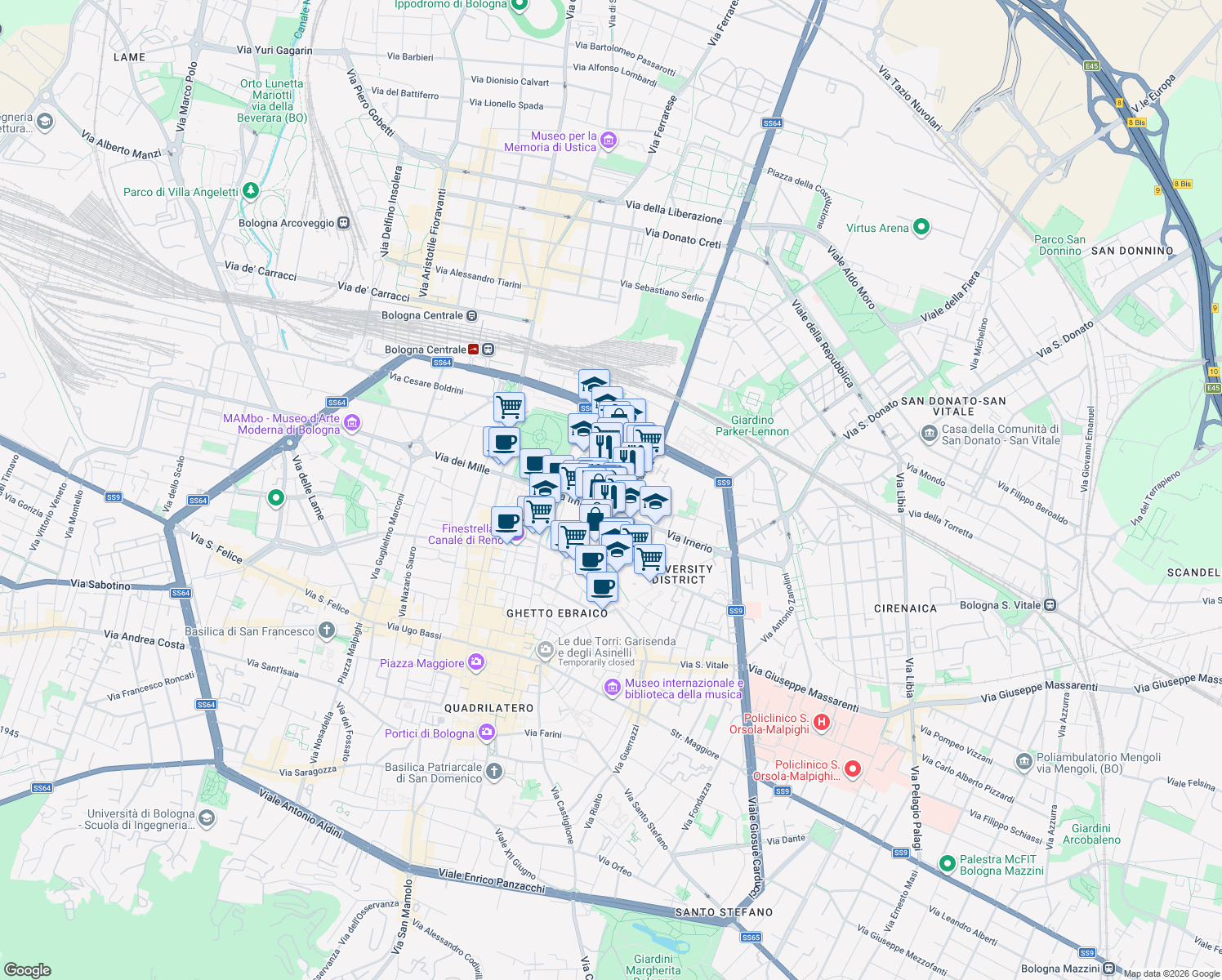 map of restaurants, bars, coffee shops, grocery stores, and more near 18A Via Irnerio in Bologna