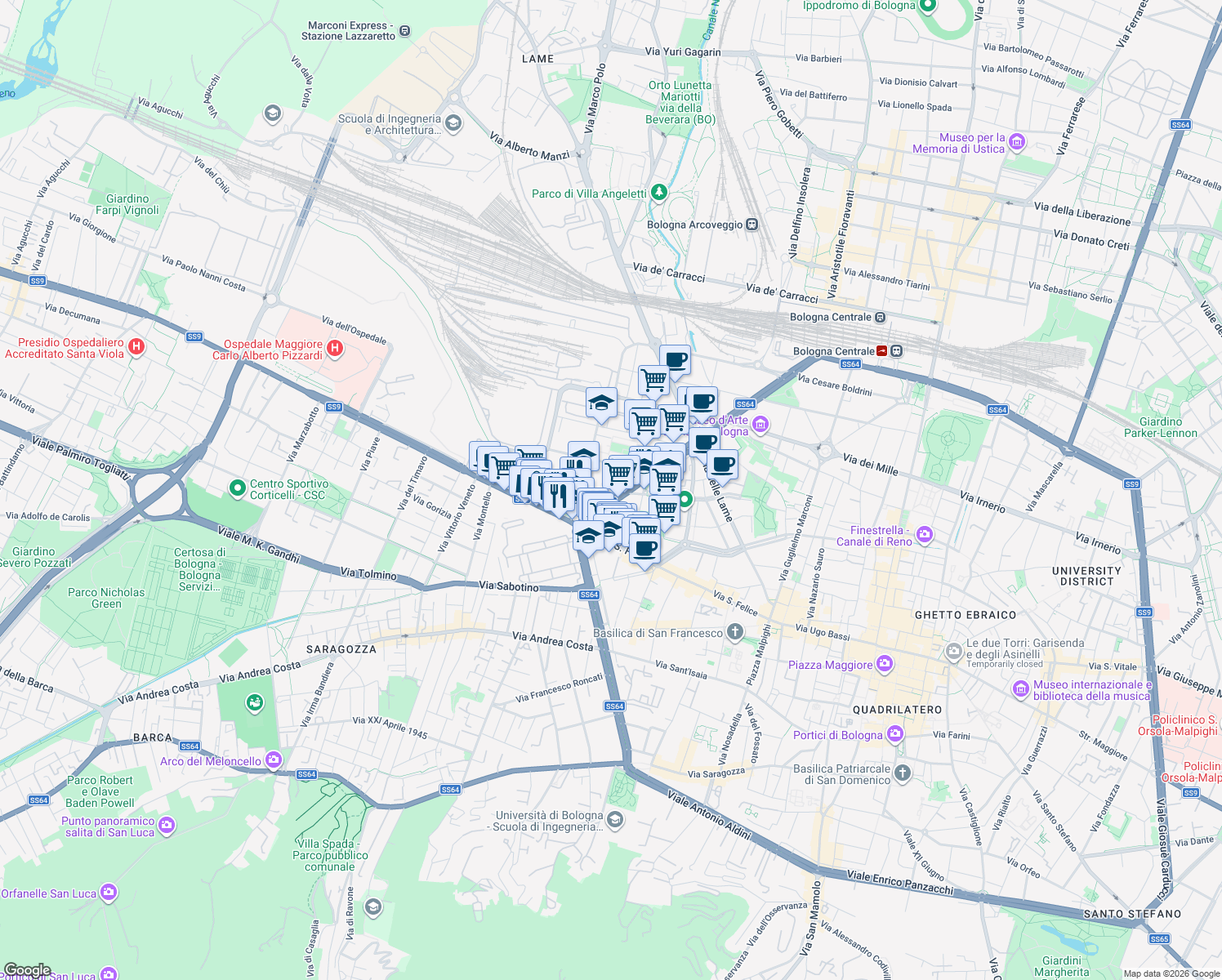 map of restaurants, bars, coffee shops, grocery stores, and more near 4 Viale Antonio Silvani in Bologna