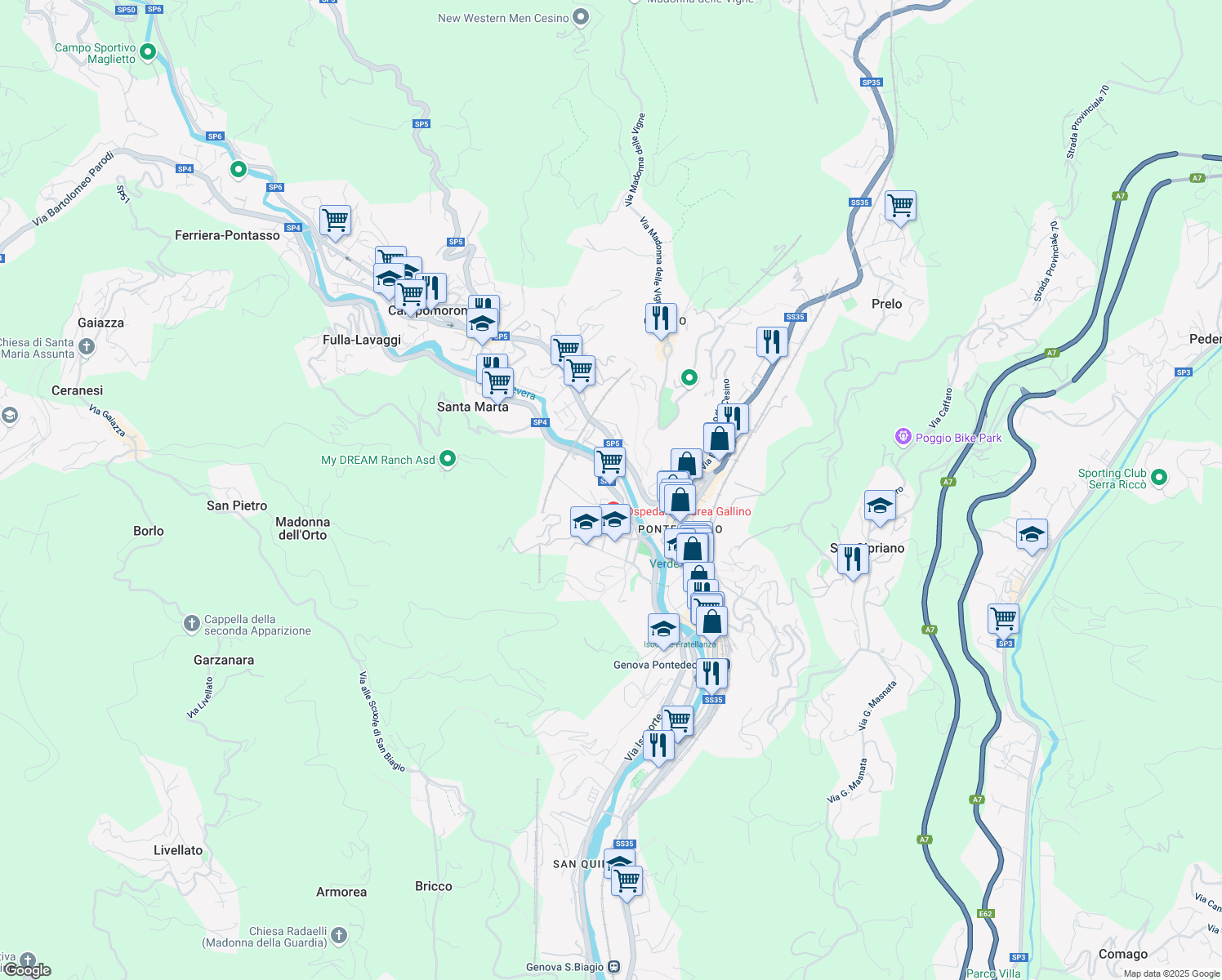 map of restaurants, bars, coffee shops, grocery stores, and more near 14 Via Pieve di Cadore in Genova