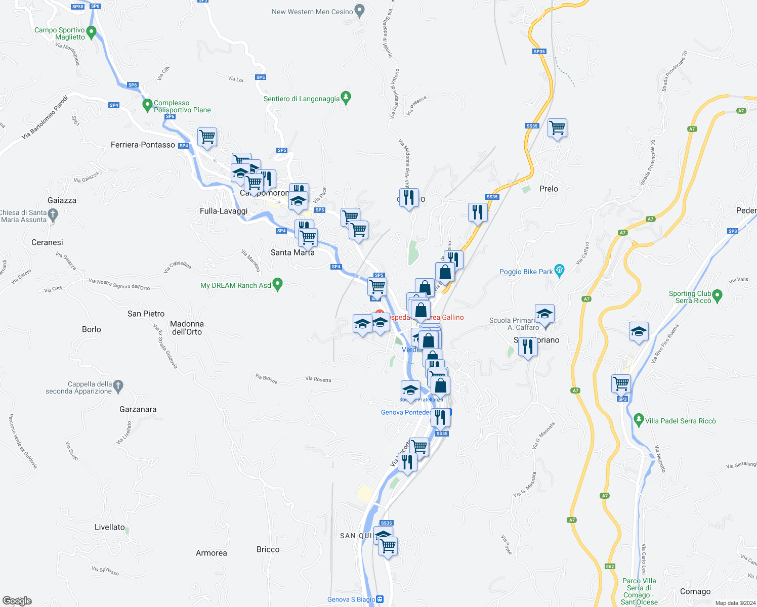 map of restaurants, bars, coffee shops, grocery stores, and more near 14 Via Pieve di Cadore in Genoa