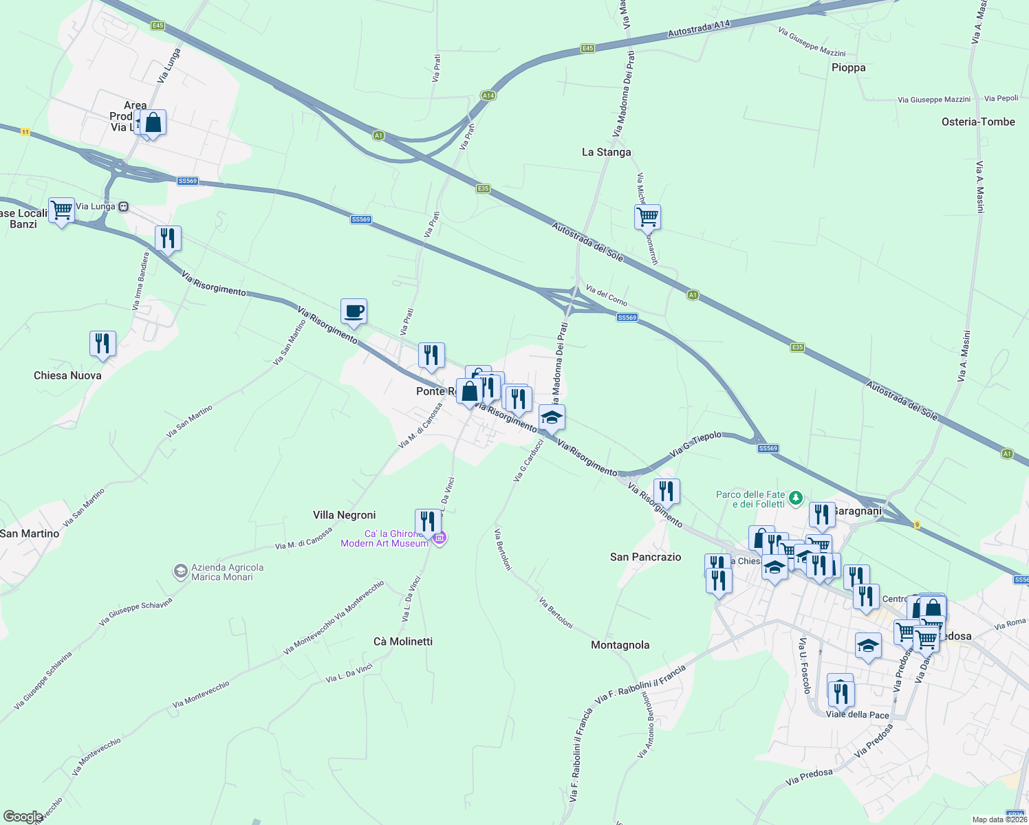 map of restaurants, bars, coffee shops, grocery stores, and more near 233 Via Risorgimento in Ponte Ronca