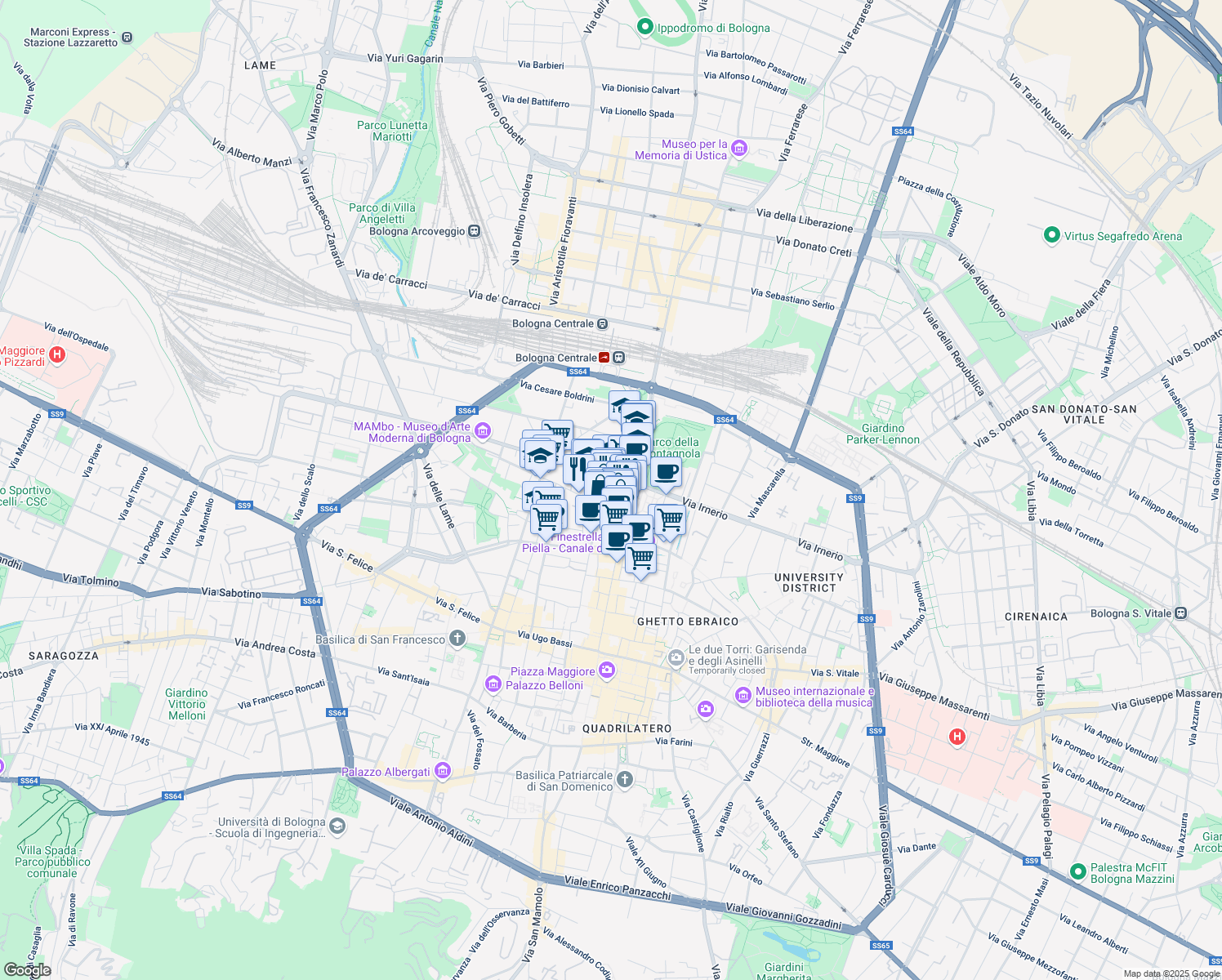 map of restaurants, bars, coffee shops, grocery stores, and more near 65 Via Galliera in Bologna