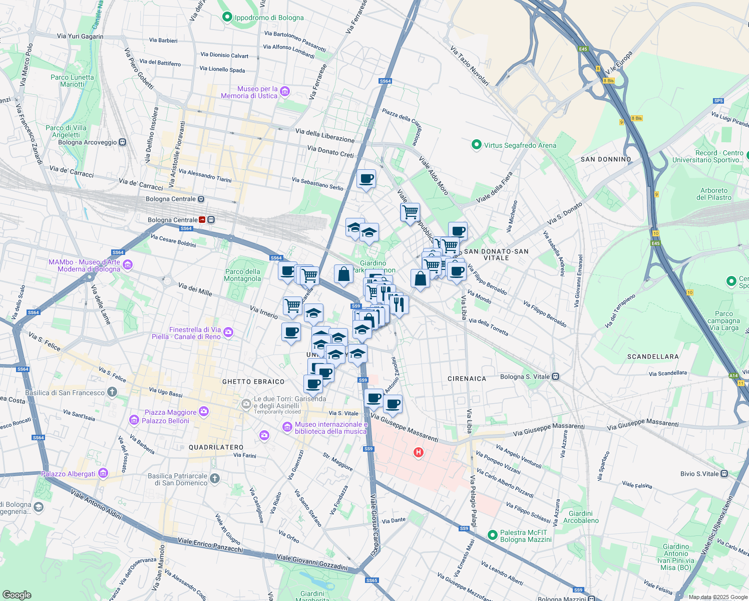 map of restaurants, bars, coffee shops, grocery stores, and more near 3 Via Camillo Ranzani in Bologna