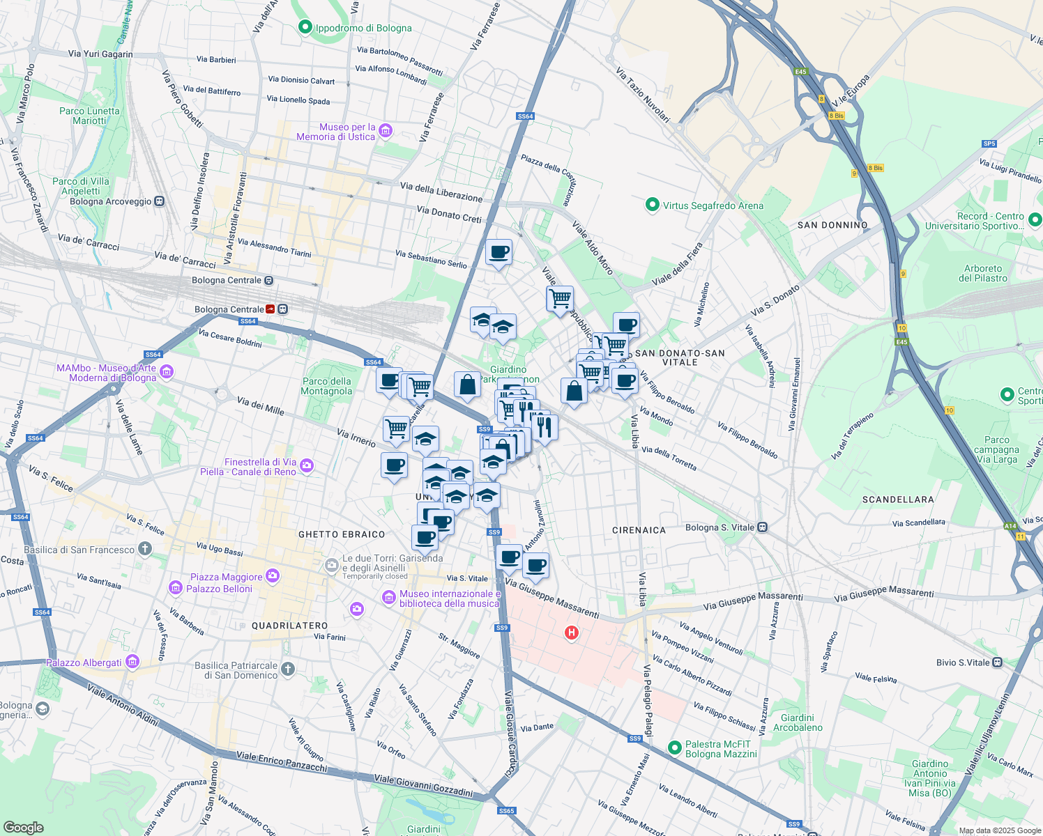 map of restaurants, bars, coffee shops, grocery stores, and more near 1-3 Via Camillo Ranzani in Bologna