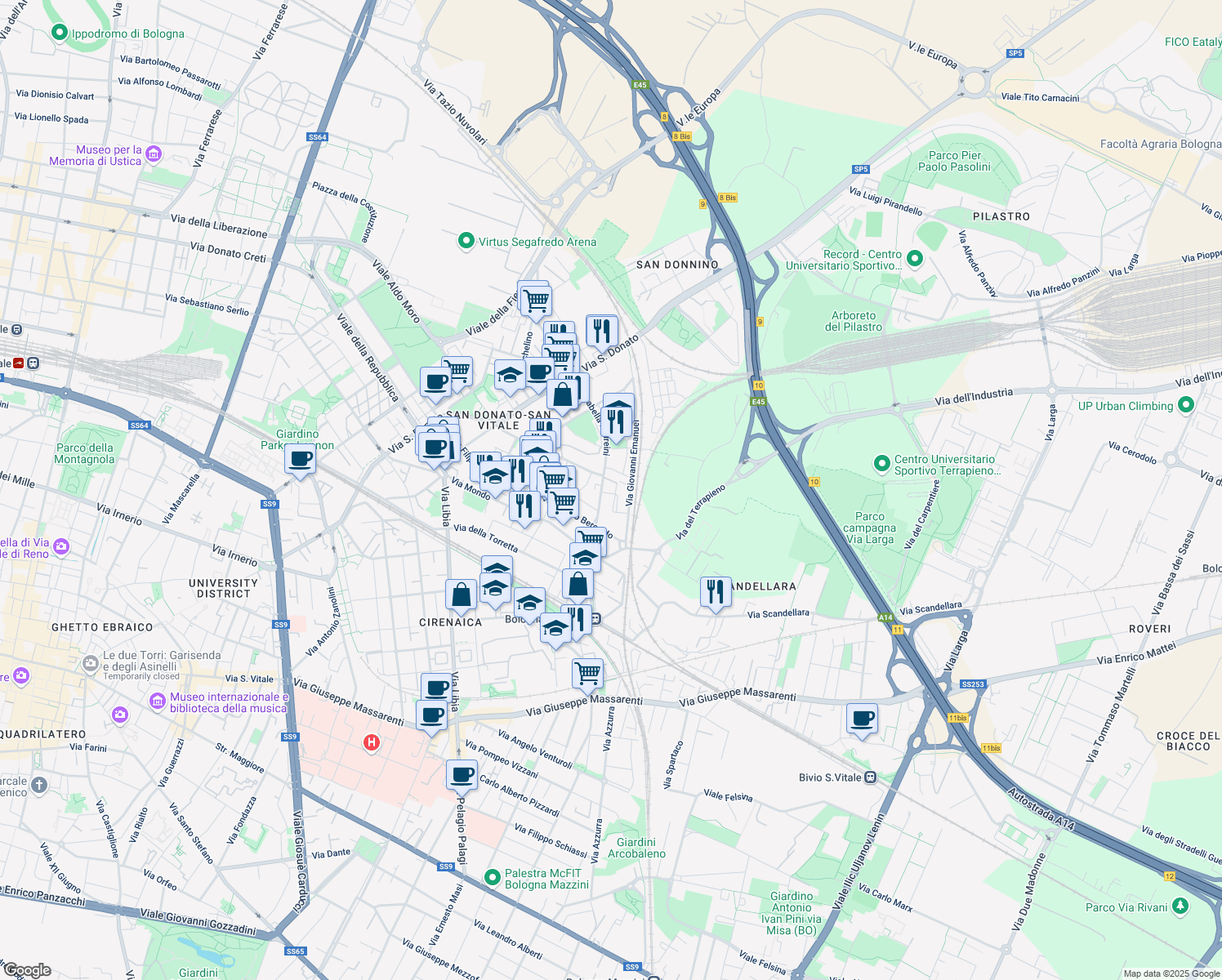 map of restaurants, bars, coffee shops, grocery stores, and more near 12-16 Piazzetta Carlo Musi in Bologna