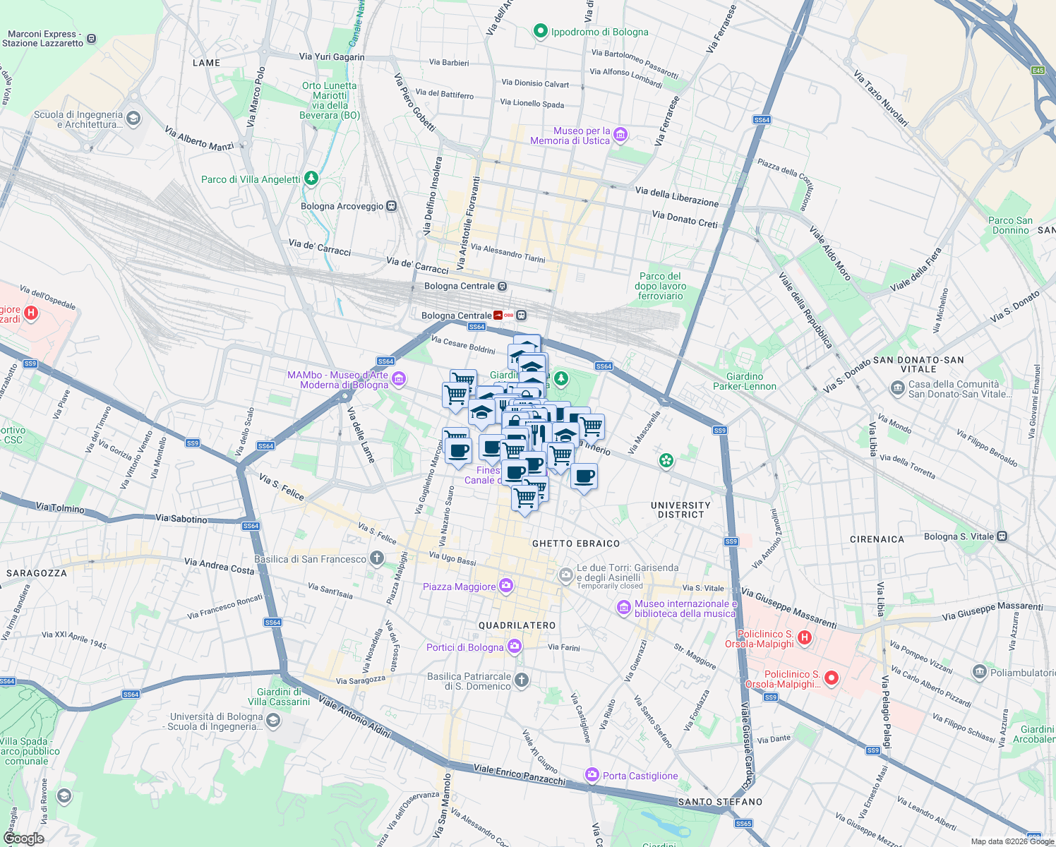 map of restaurants, bars, coffee shops, grocery stores, and more near 56 Via dell'Indipendenza in Bologna