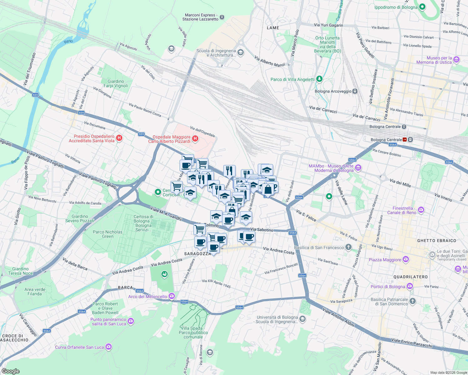 map of restaurants, bars, coffee shops, grocery stores, and more near 17 Via Gorizia in Bologna
