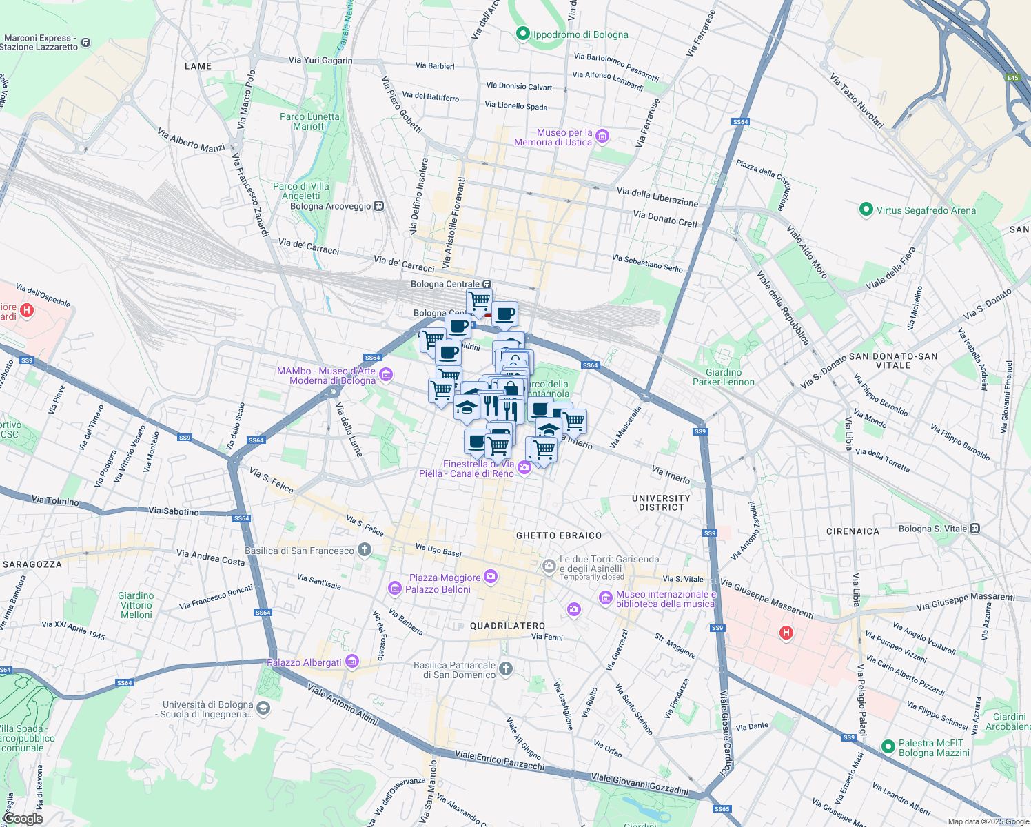 map of restaurants, bars, coffee shops, grocery stores, and more near 70 Via dell'Indipendenza in Bologna