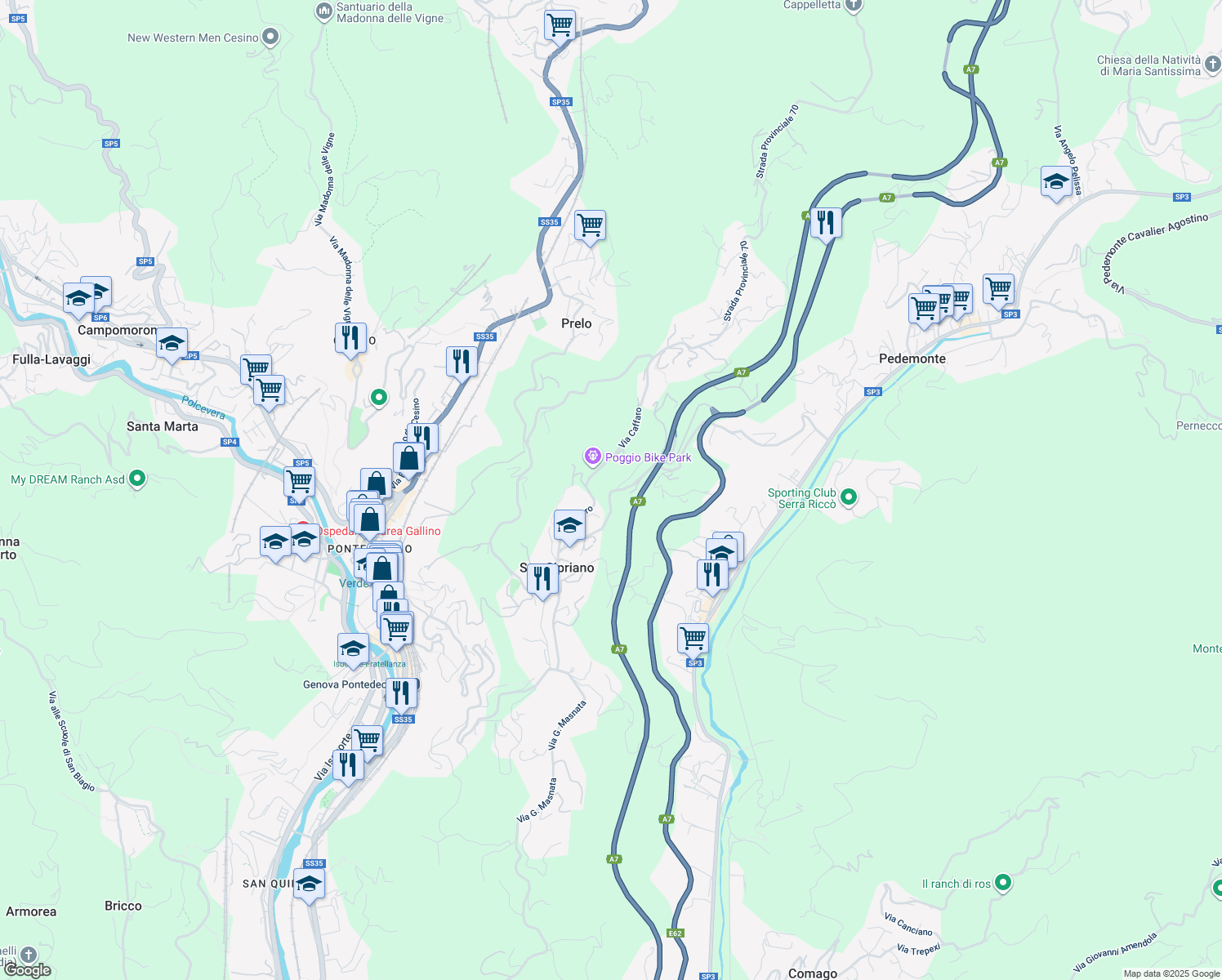 map of restaurants, bars, coffee shops, grocery stores, and more near 46 Via Giovanni Caminata in Pedemonte