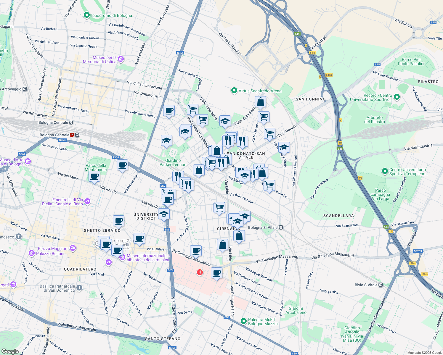 map of restaurants, bars, coffee shops, grocery stores, and more near 5 Via Romolo Amaseo in Bologna