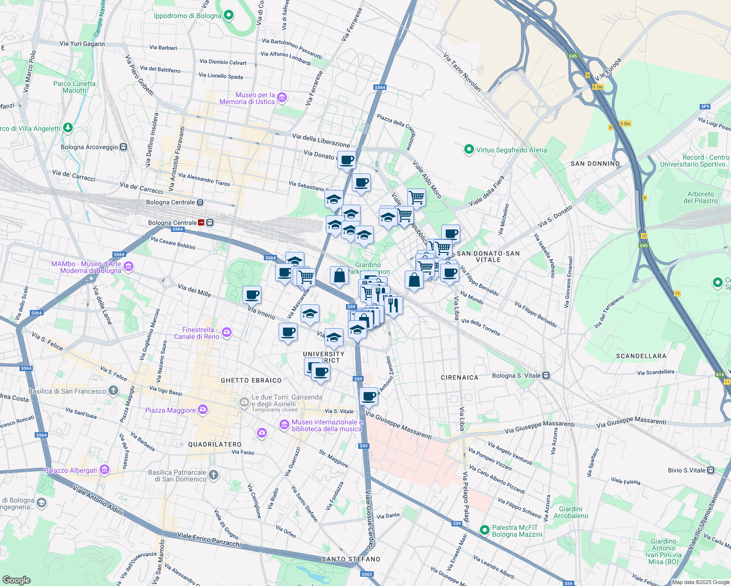 map of restaurants, bars, coffee shops, grocery stores, and more near 9 Via Camillo Ranzani in Bologna