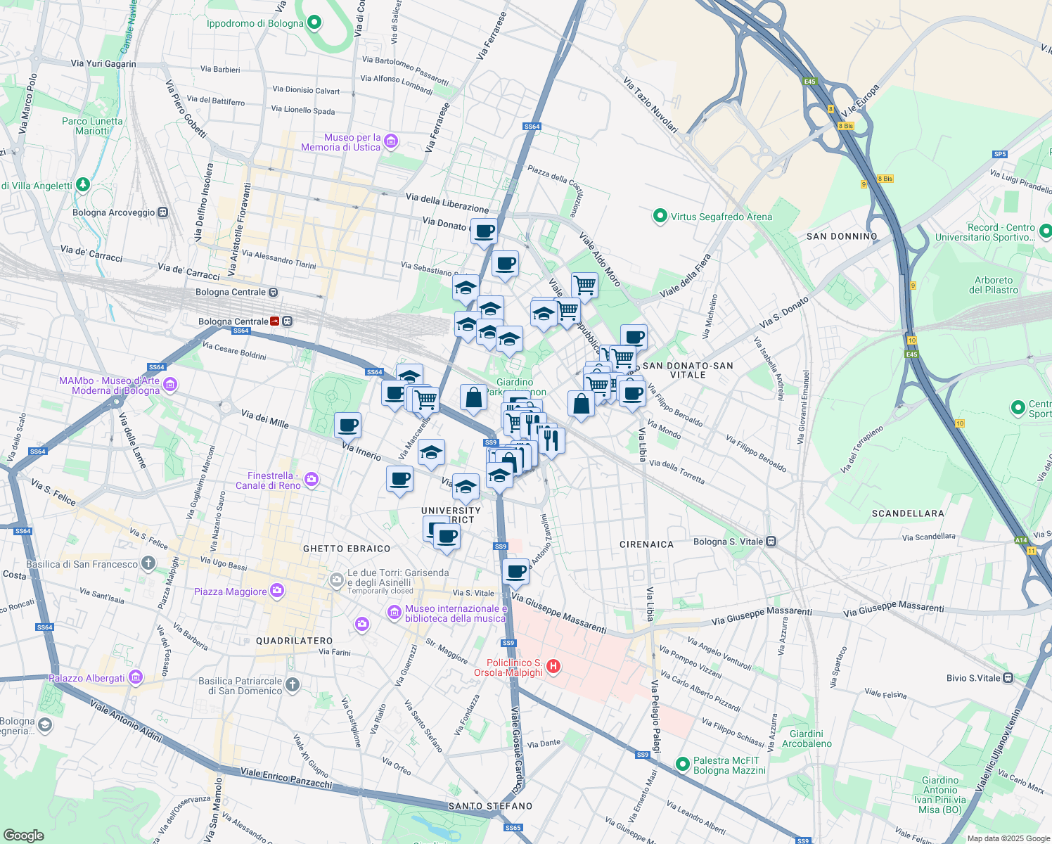 map of restaurants, bars, coffee shops, grocery stores, and more near 9 Via Camillo Ranzani in Bologna