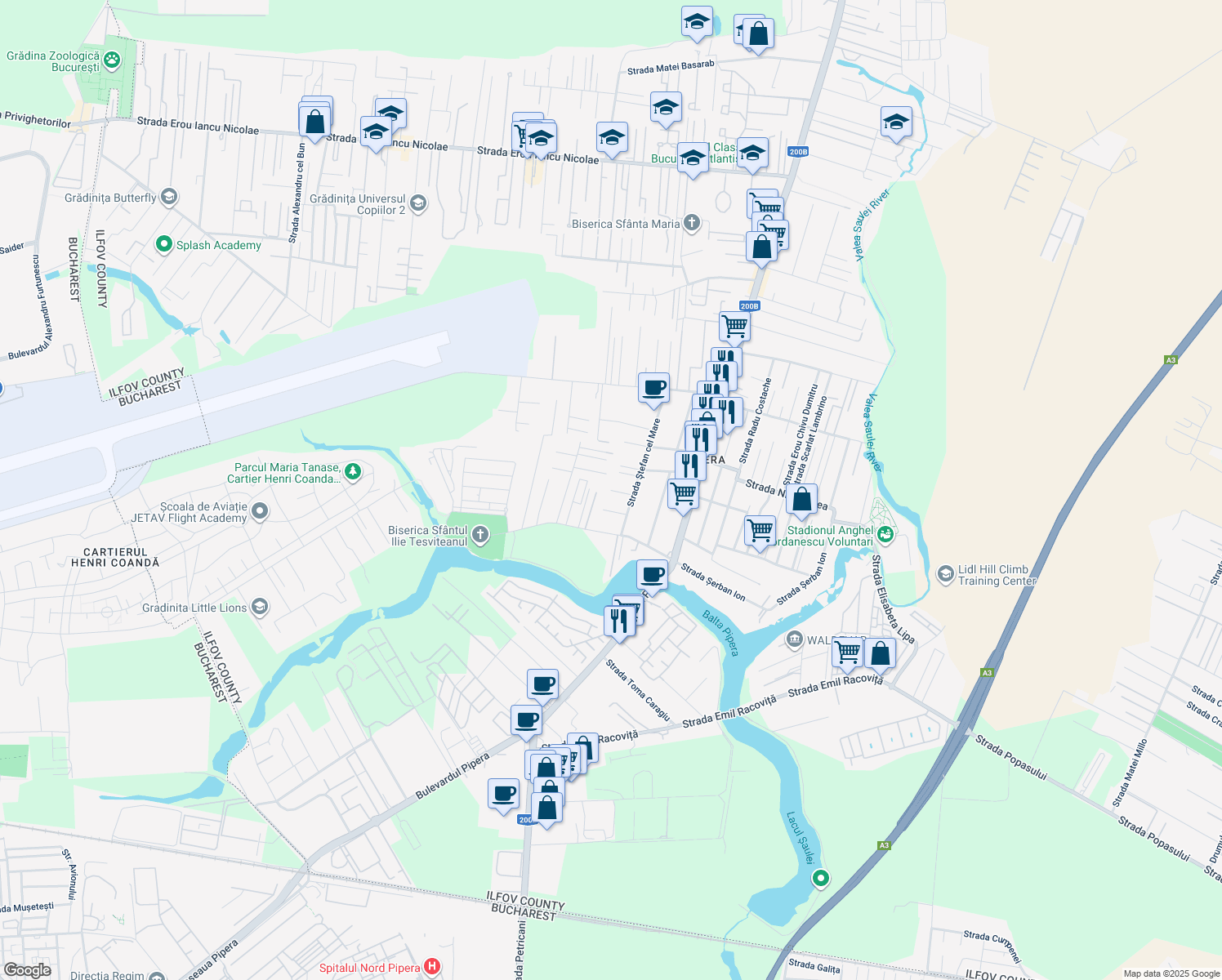 map of restaurants, bars, coffee shops, grocery stores, and more near 7 Strada Ştefan cel Mare in Voluntari
