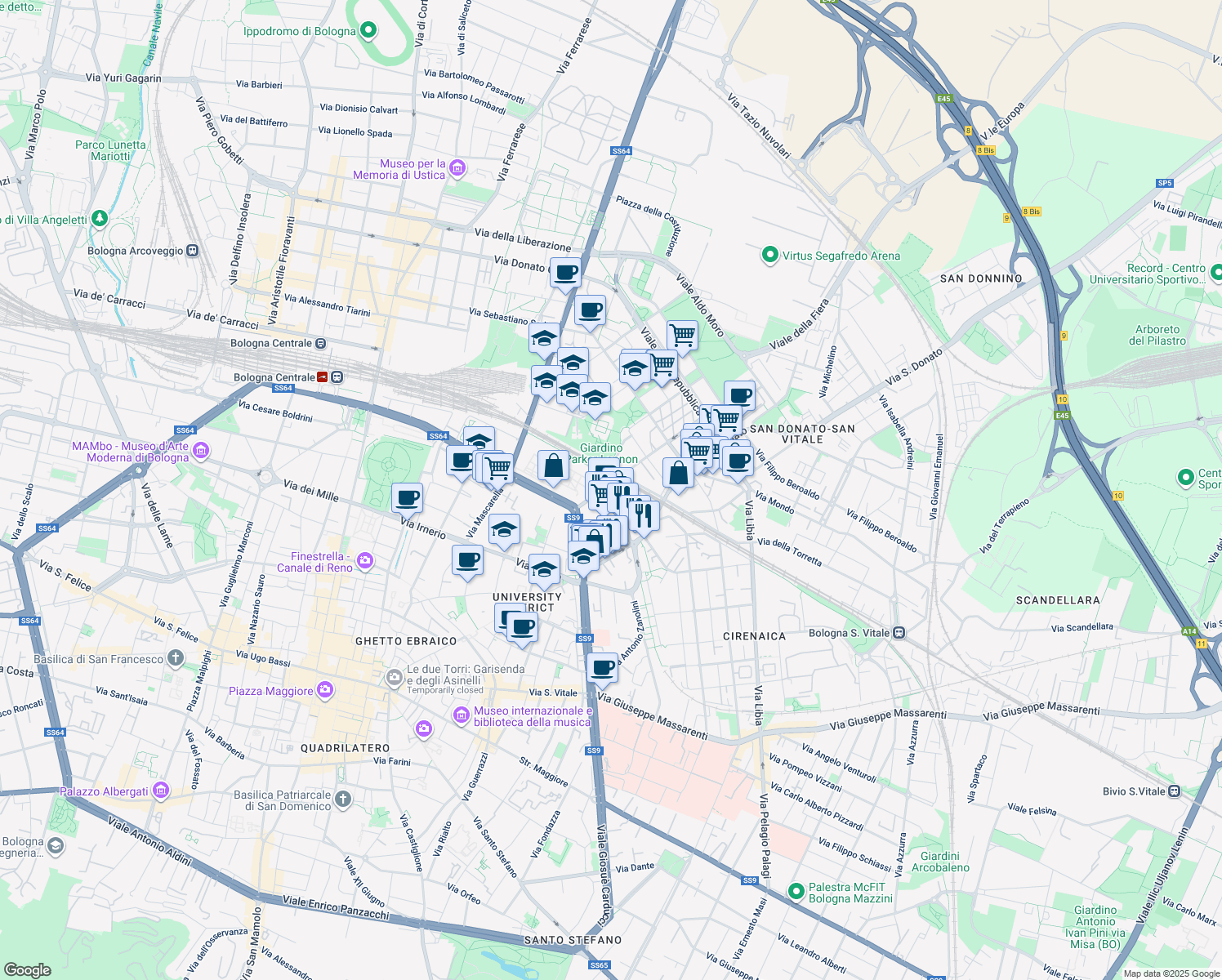 map of restaurants, bars, coffee shops, grocery stores, and more near 9 Via Camillo Ranzani in Bologna