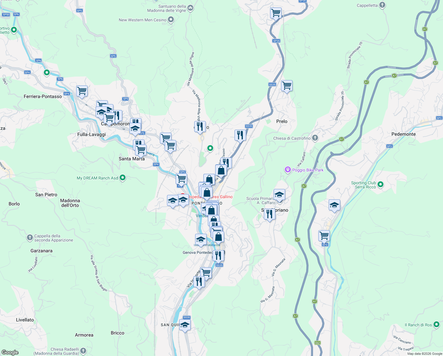 map of restaurants, bars, coffee shops, grocery stores, and more near 52 Via Natale Gallino in Genova