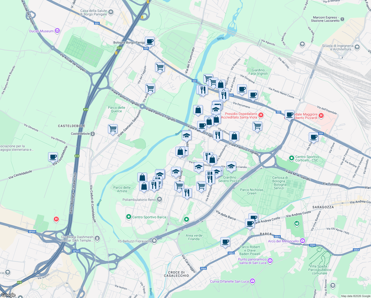 map of restaurants, bars, coffee shops, grocery stores, and more near 2-4 Via Umberto Boccioni in Bologna
