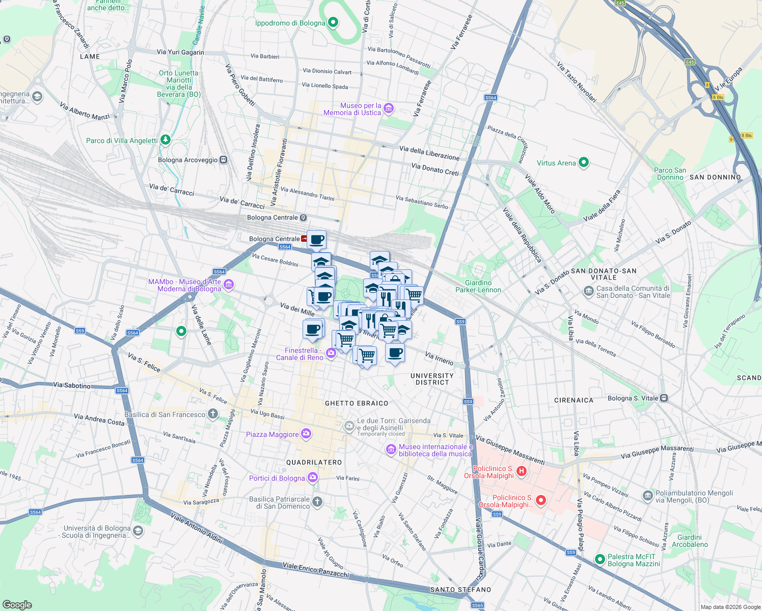 map of restaurants, bars, coffee shops, grocery stores, and more near in Bologna