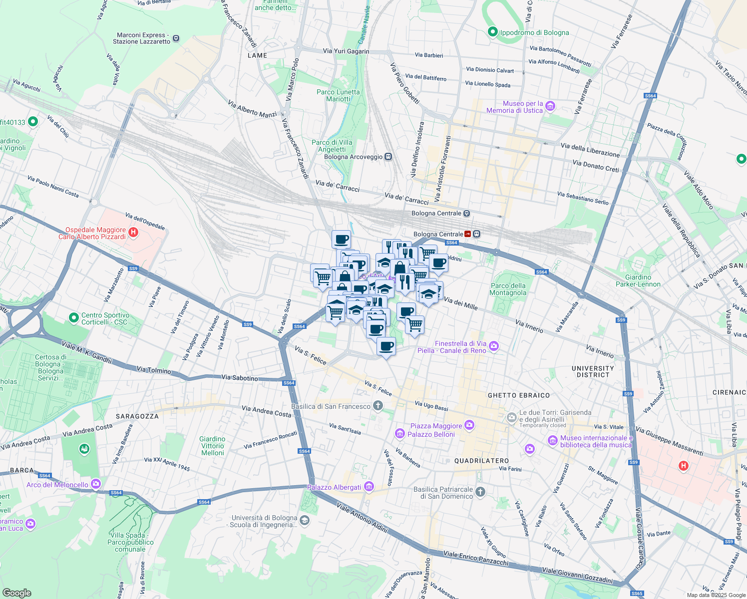 map of restaurants, bars, coffee shops, grocery stores, and more near 54 Via Azzo Gardino in Bologna