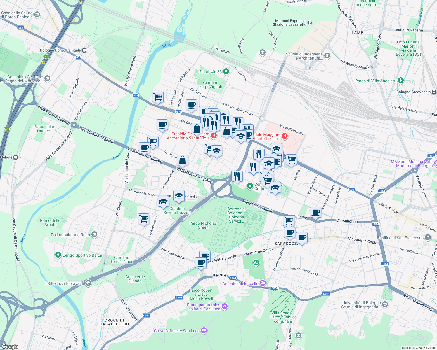map of restaurants, bars, coffee shops, grocery stores, and more near 35 Via Melozzo da Forlì in Bologna