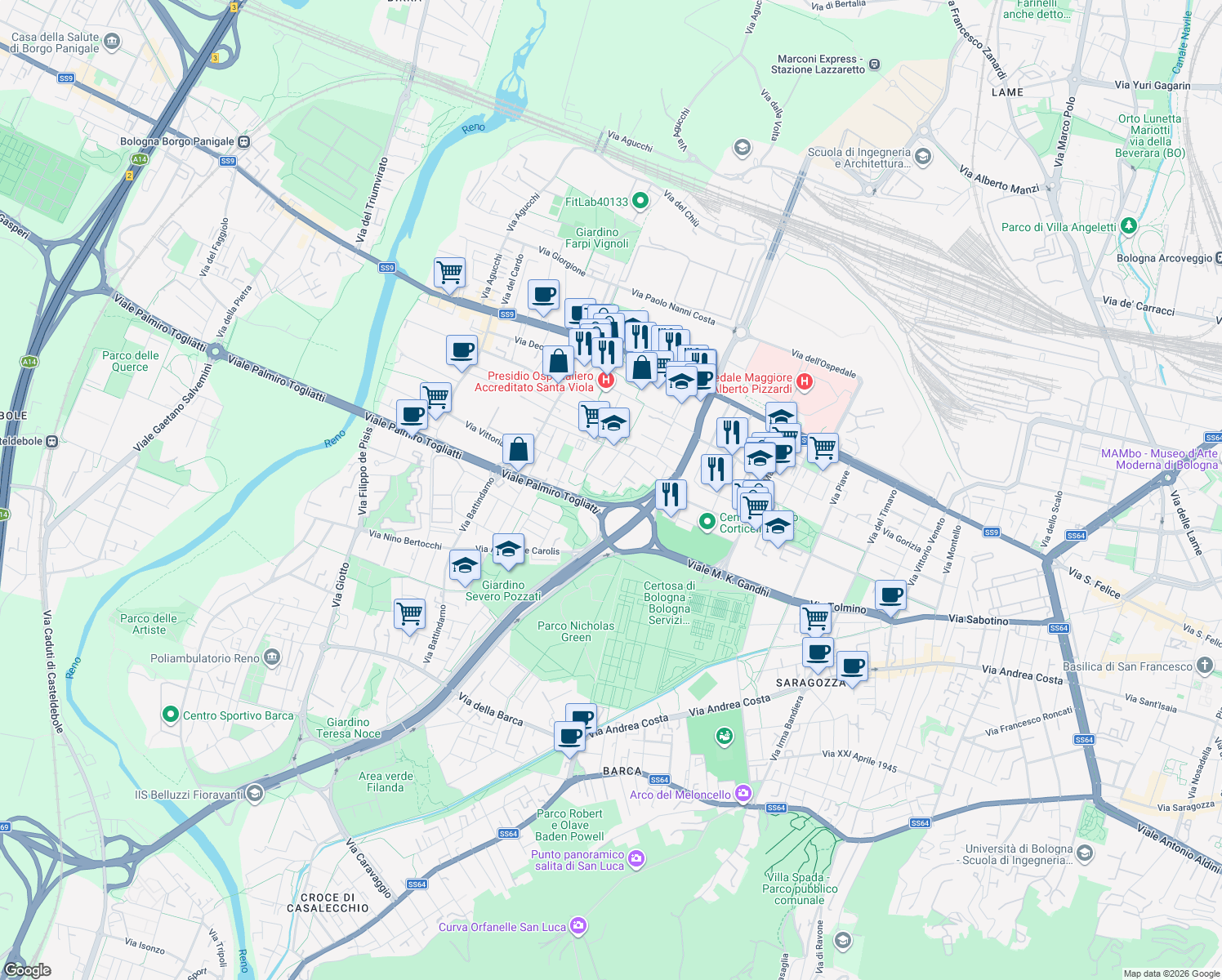 map of restaurants, bars, coffee shops, grocery stores, and more near 35 Via Melozzo da Forlì in Bologna