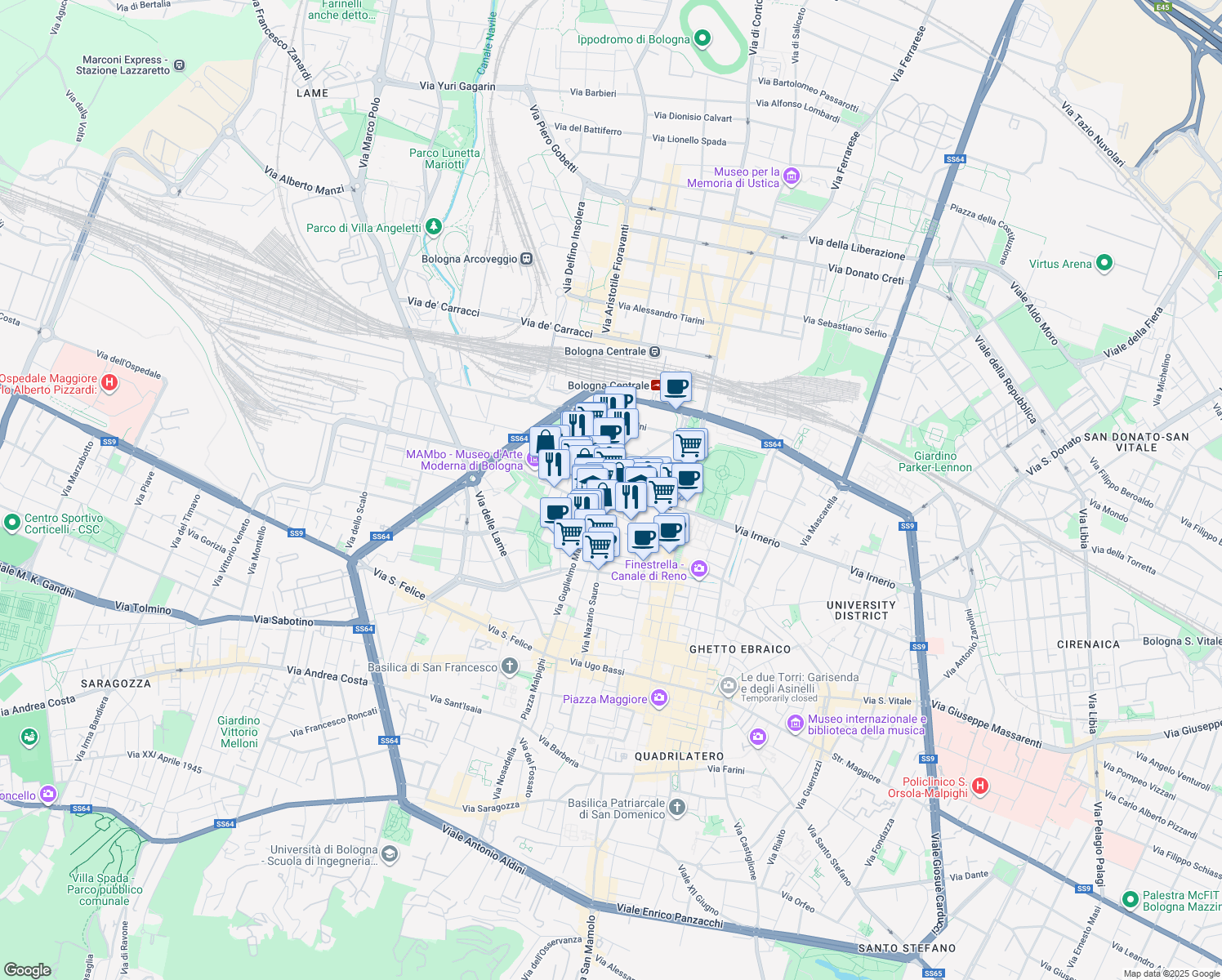 map of restaurants, bars, coffee shops, grocery stores, and more near 1 Piazza dei Martiri 1943 - 1945 in Bologna