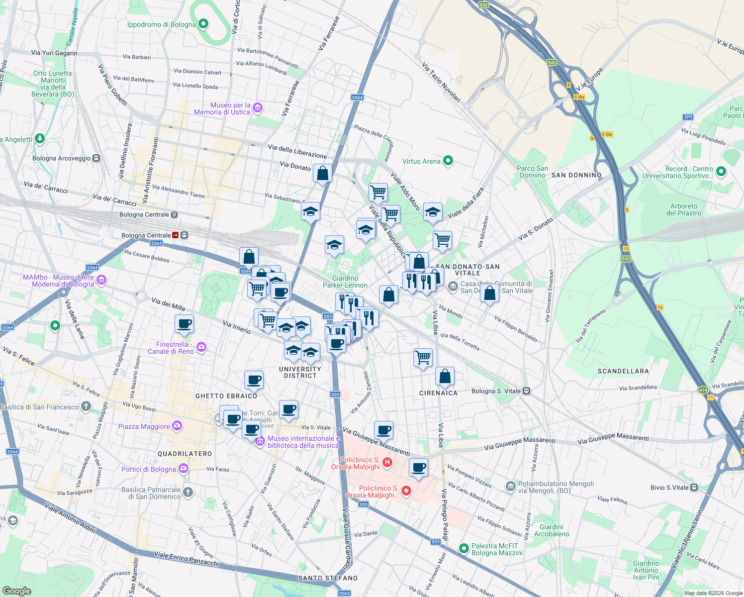 map of restaurants, bars, coffee shops, grocery stores, and more near 24 Via Vezza in Bologna