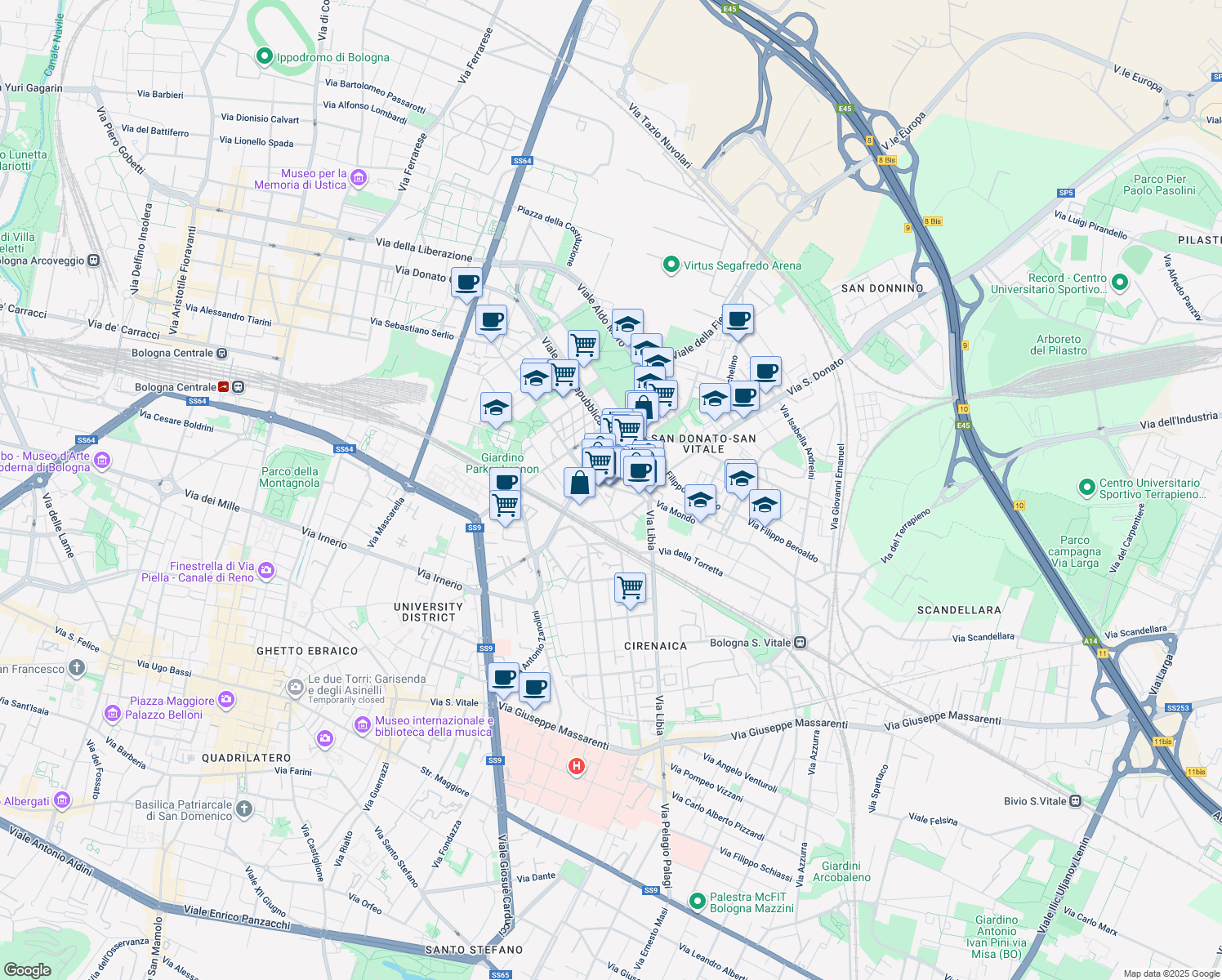 map of restaurants, bars, coffee shops, grocery stores, and more near 5 Via Romolo Amaseo in Bologna