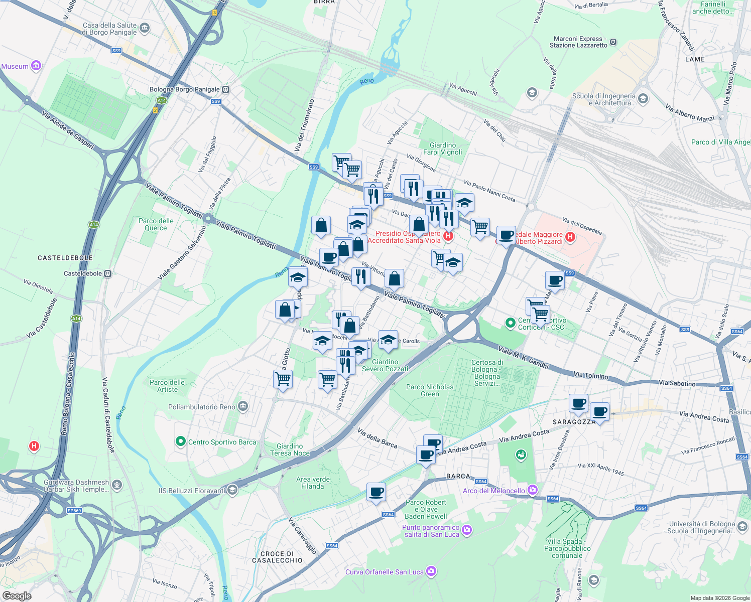 map of restaurants, bars, coffee shops, grocery stores, and more near in Bologna