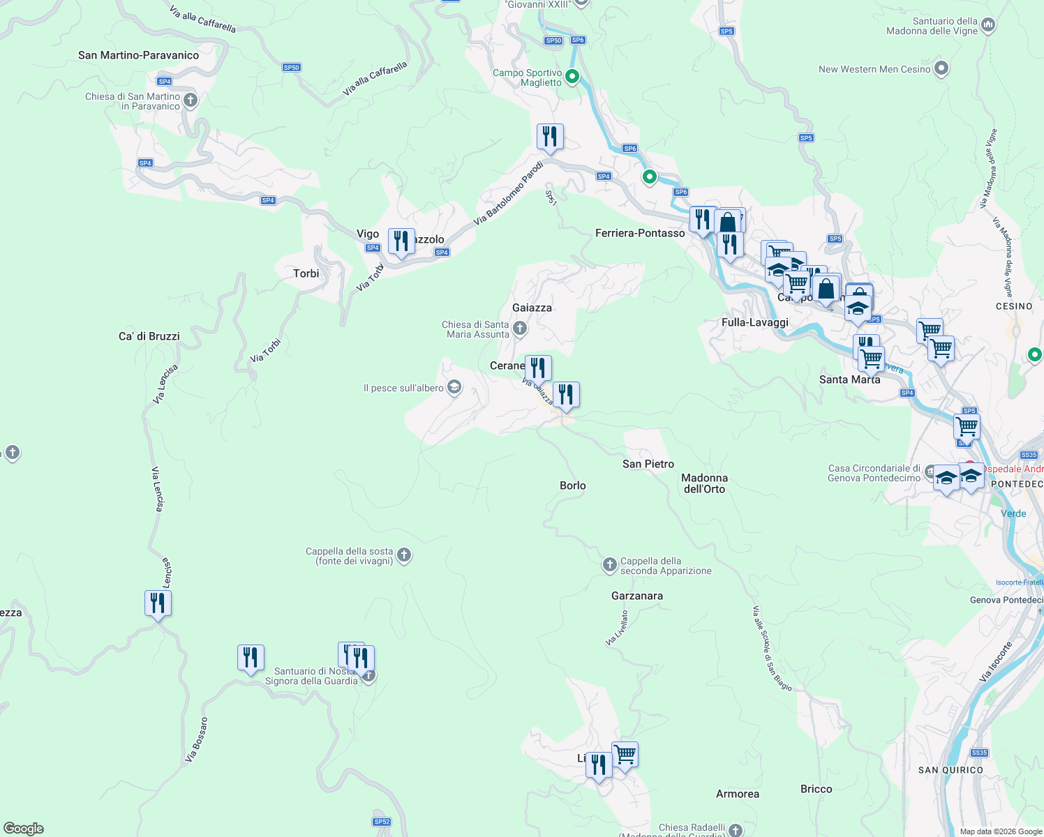 map of restaurants, bars, coffee shops, grocery stores, and more near 18 Via Carli in Gaiazza