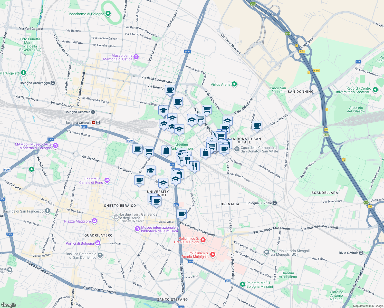map of restaurants, bars, coffee shops, grocery stores, and more near 24 Via Vezza in Bologna