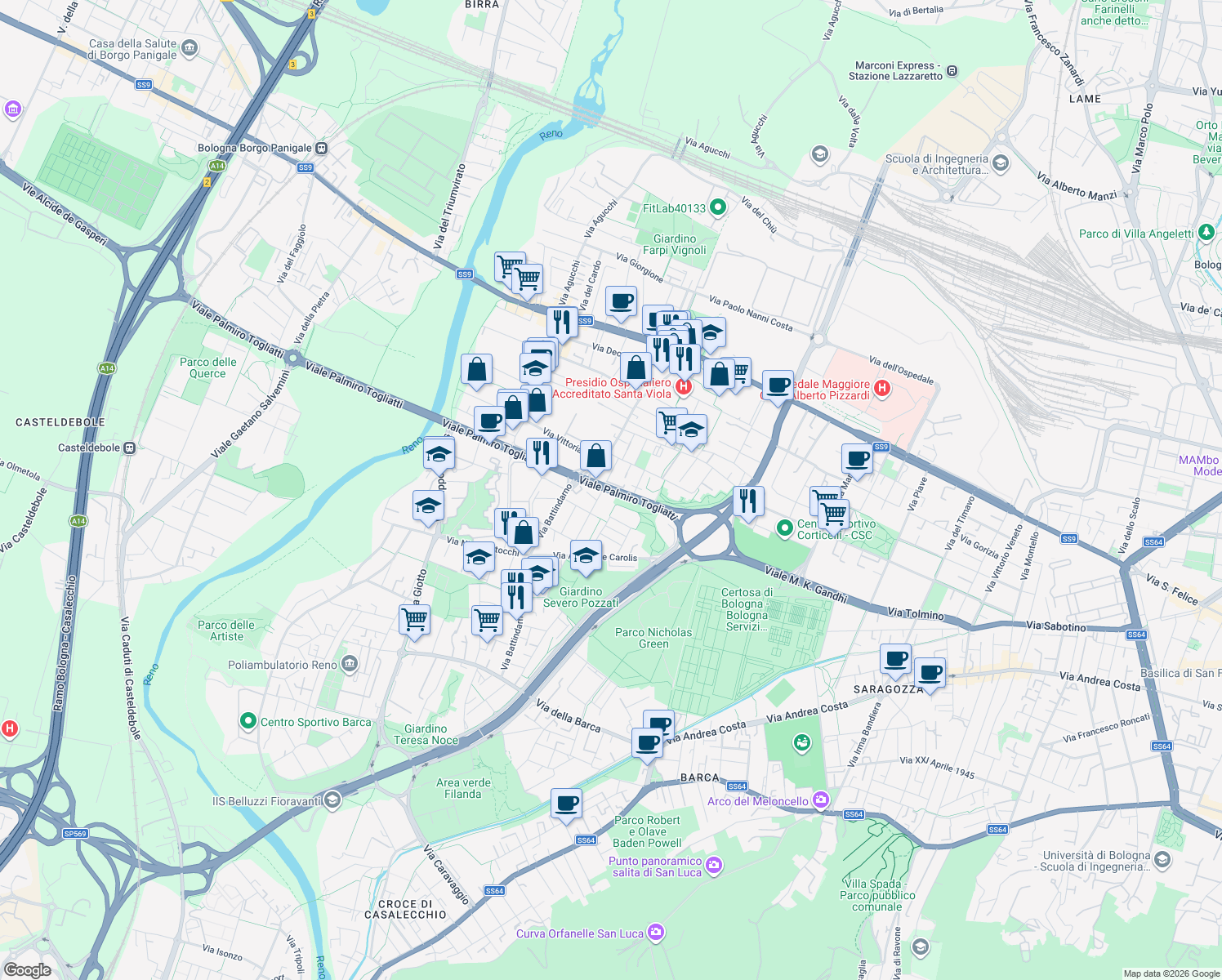 map of restaurants, bars, coffee shops, grocery stores, and more near 26 Via Dosso Dossi in Bologna