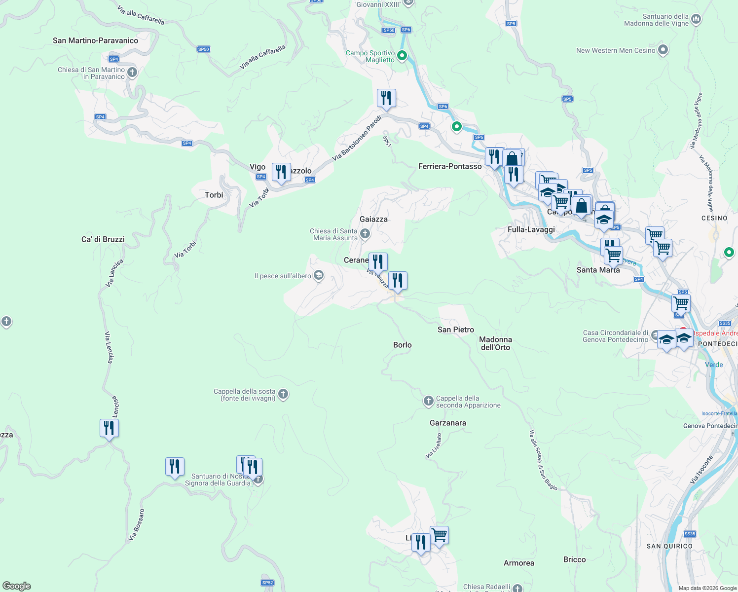 map of restaurants, bars, coffee shops, grocery stores, and more near 18 Via Carli in Gaiazza