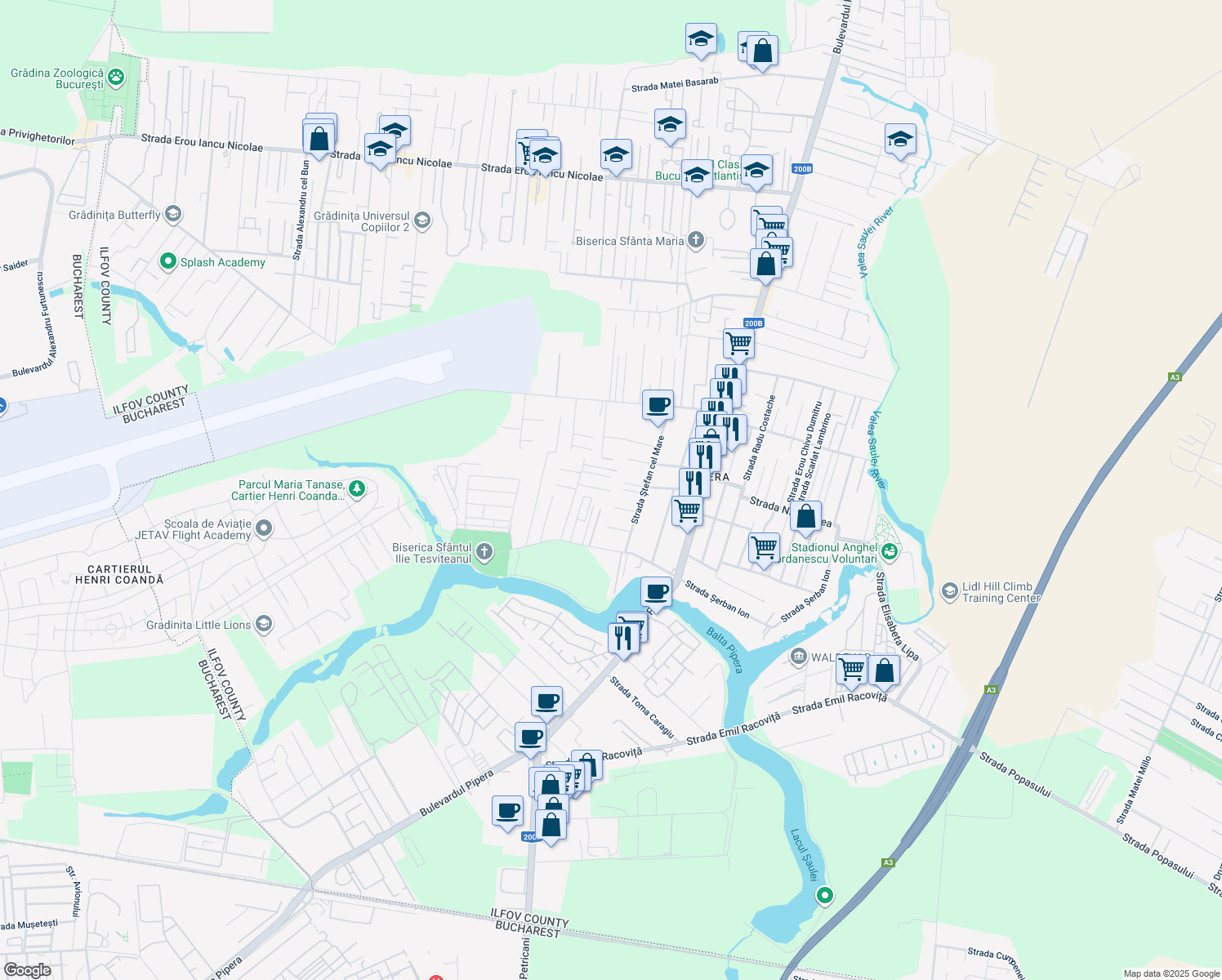 map of restaurants, bars, coffee shops, grocery stores, and more near 7 Strada Ştefan cel Mare in Voluntari